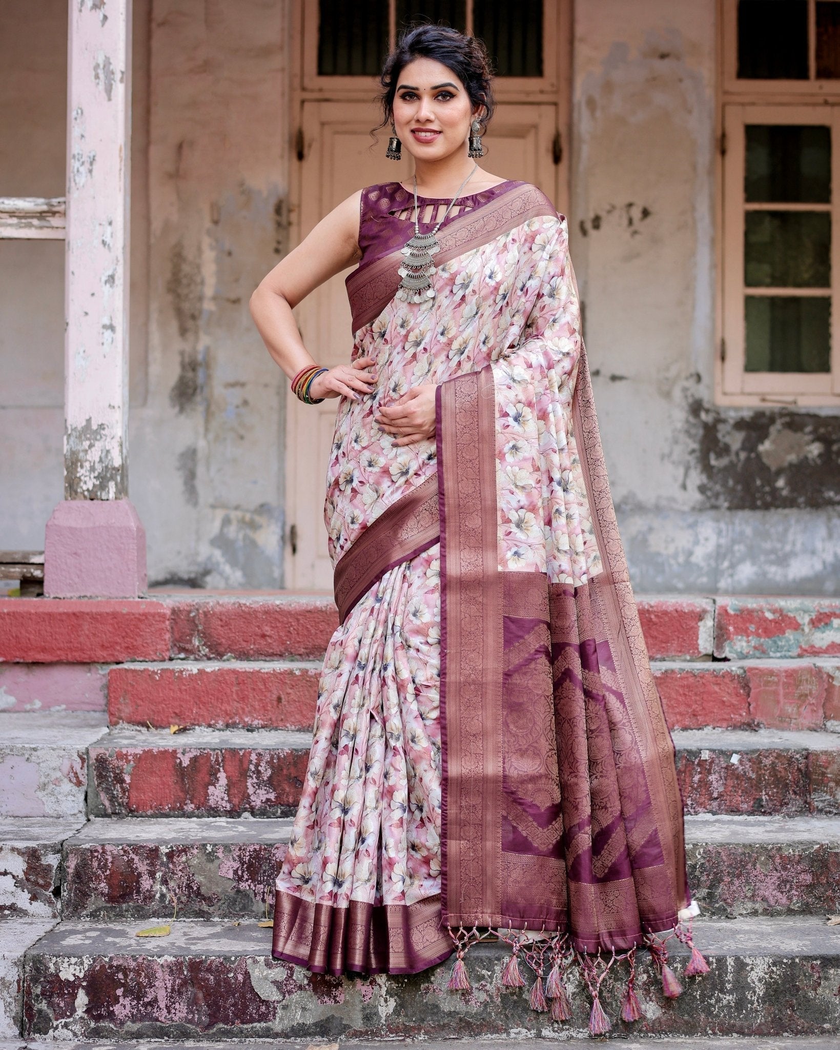 Elegant Wine Floral Banarasi Silk Saree with Zari Weave and Tassels
