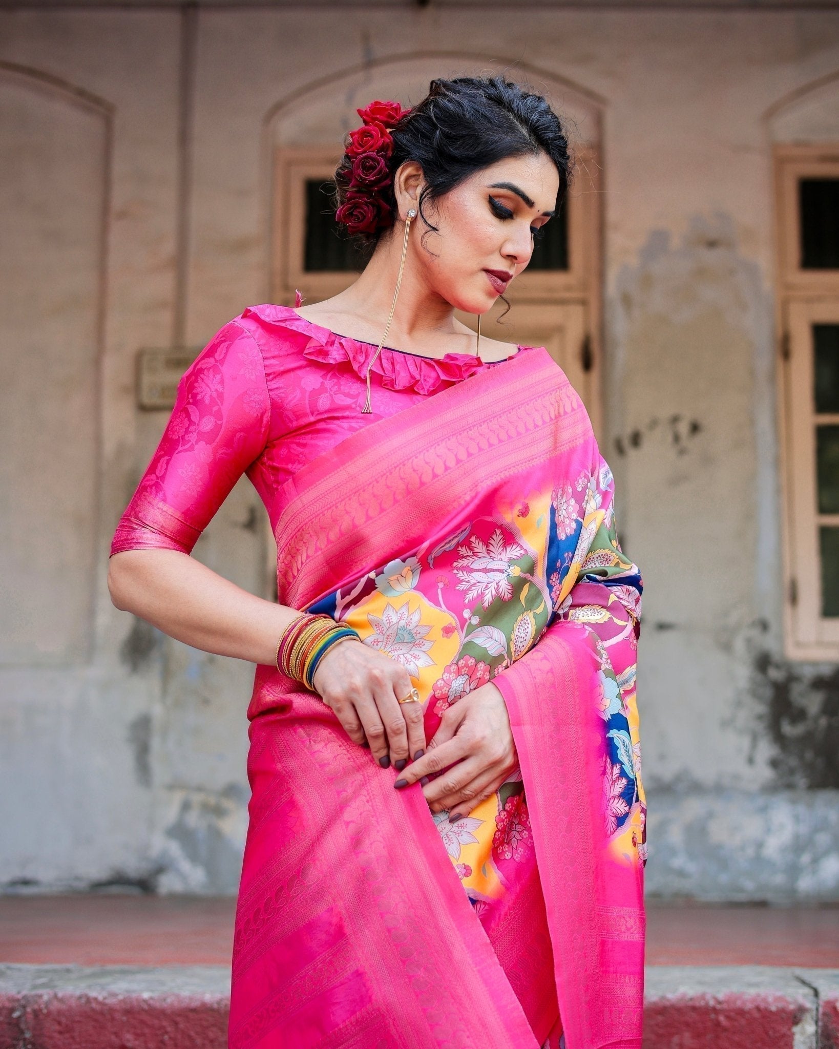 Hot Pink Multicolor Floral Digital Printed Banarasi Silk Saree with Zari Woven Border and Solid Pink Pallu - Includes Tassels