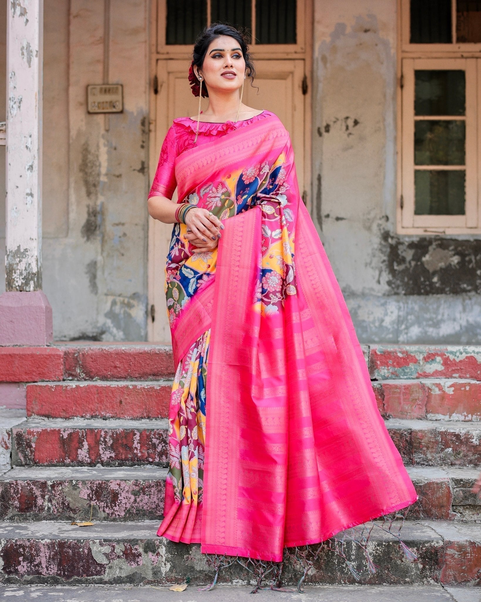 Hot Pink Multicolor Floral Digital Printed Banarasi Silk Saree with Zari Woven Border and Solid Pink Pallu - Includes Tassels