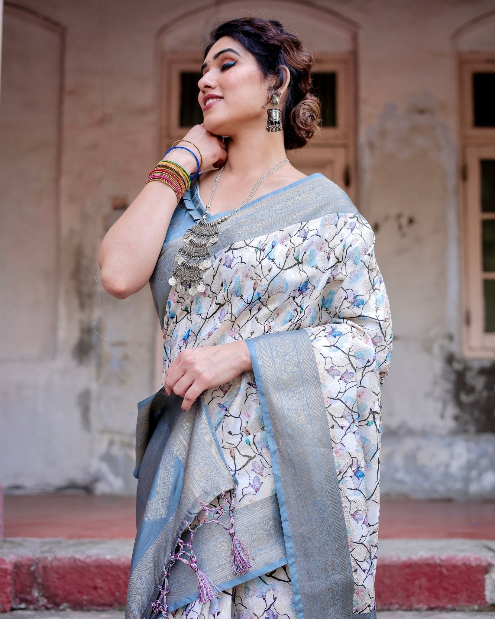 Elegant Light Blue Banarasi Silk Saree with Floral Design and Zari Weaved Pallu