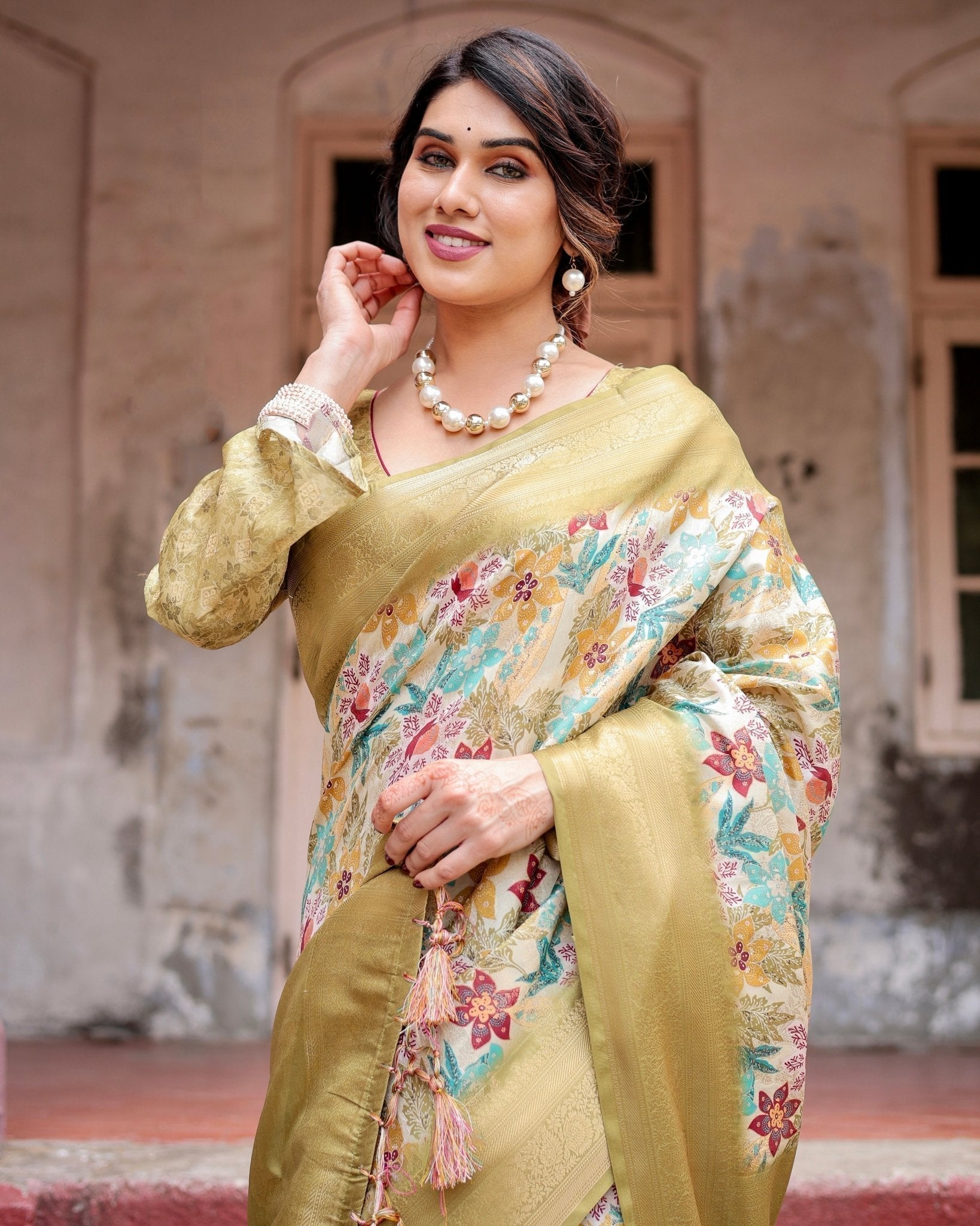 Golden Yellow Banarasi Silk Saree with Multicolor Floral Print and Zari Border