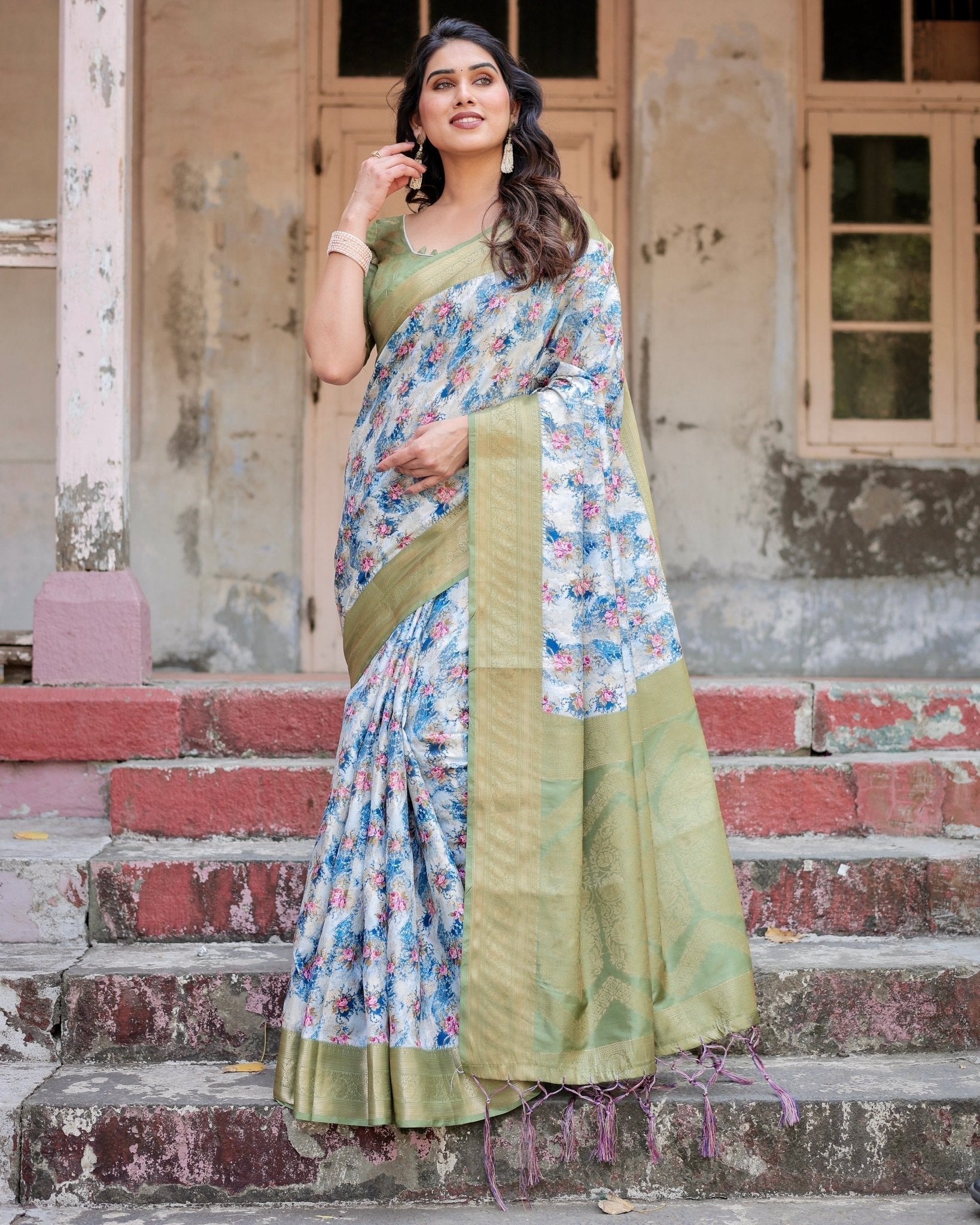 Blue and Green Floral Digital Print Banarasi Silk Saree with Zari Weave and Tassel-Embellished Pallu