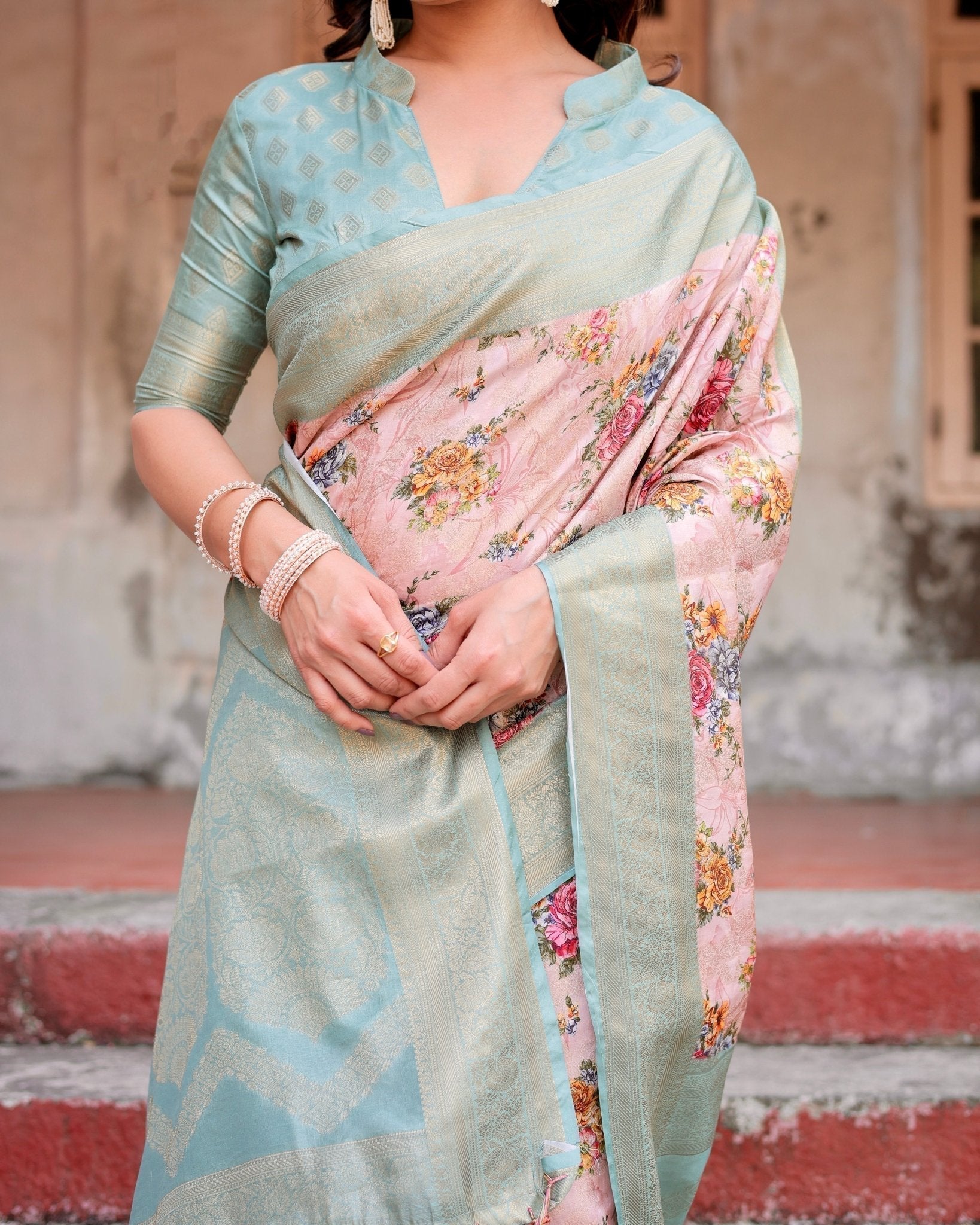 Pink and Green Floral Digital Print Banarasi Silk Saree with Zari Weave and Tassel Pallu