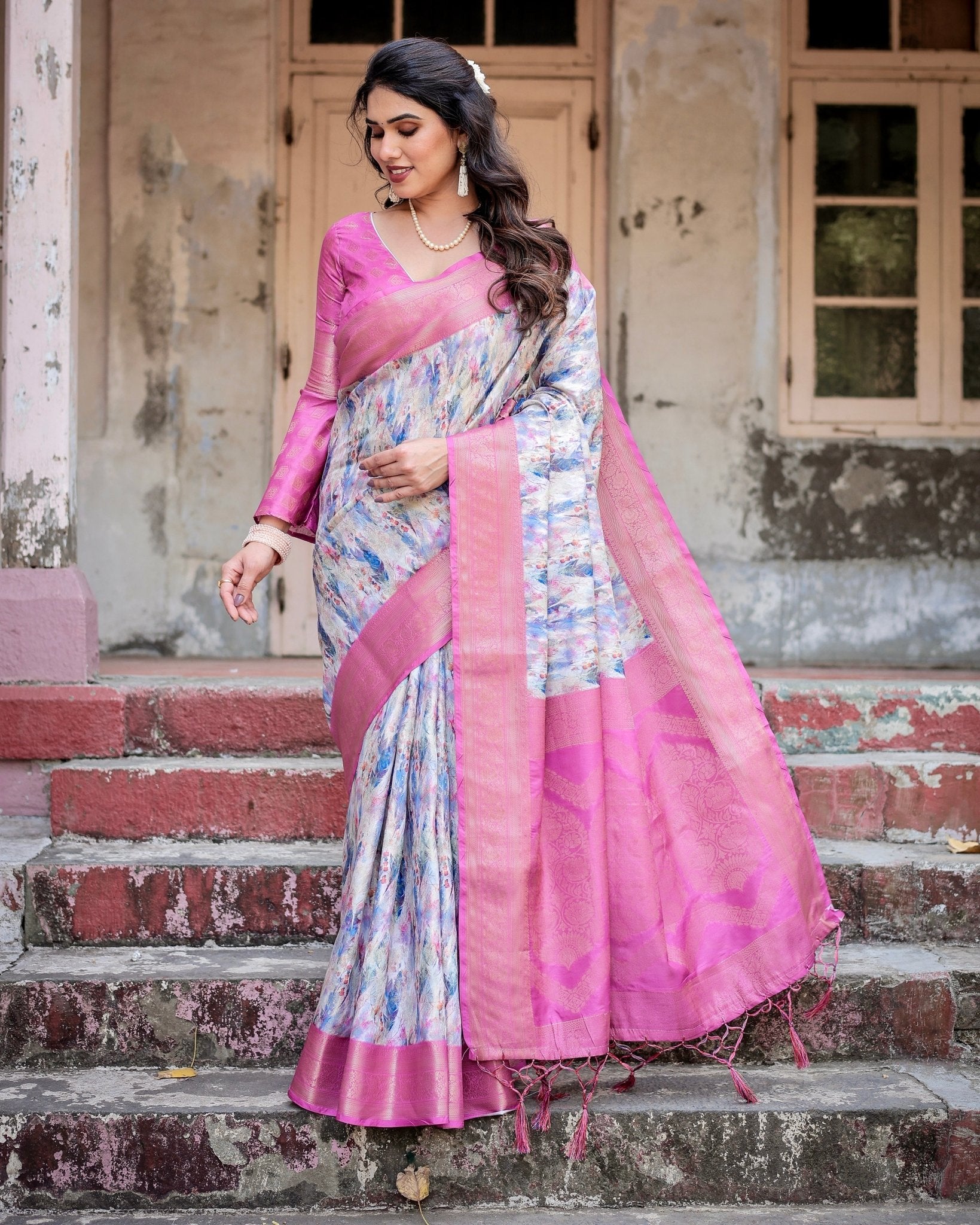 White and Pink Floral Digital Print Banarasi Silk Saree with Zari Weave and Tassel-Embellished Pallu