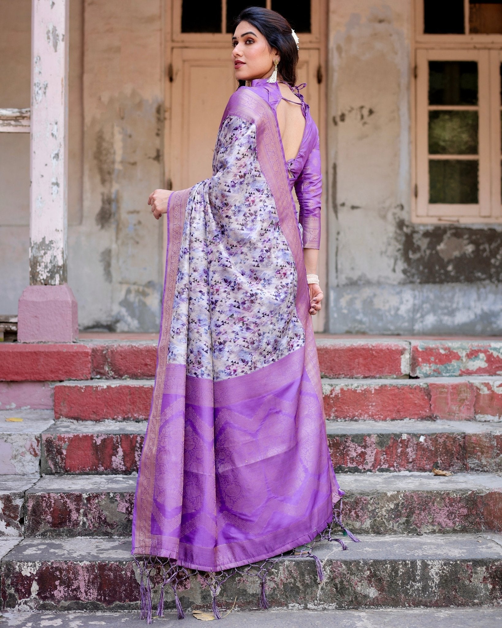 Lavender and White Geometric Floral Digital Print Banarasi Silk Saree with Zari Weave and Tassel-Embellished Pallu