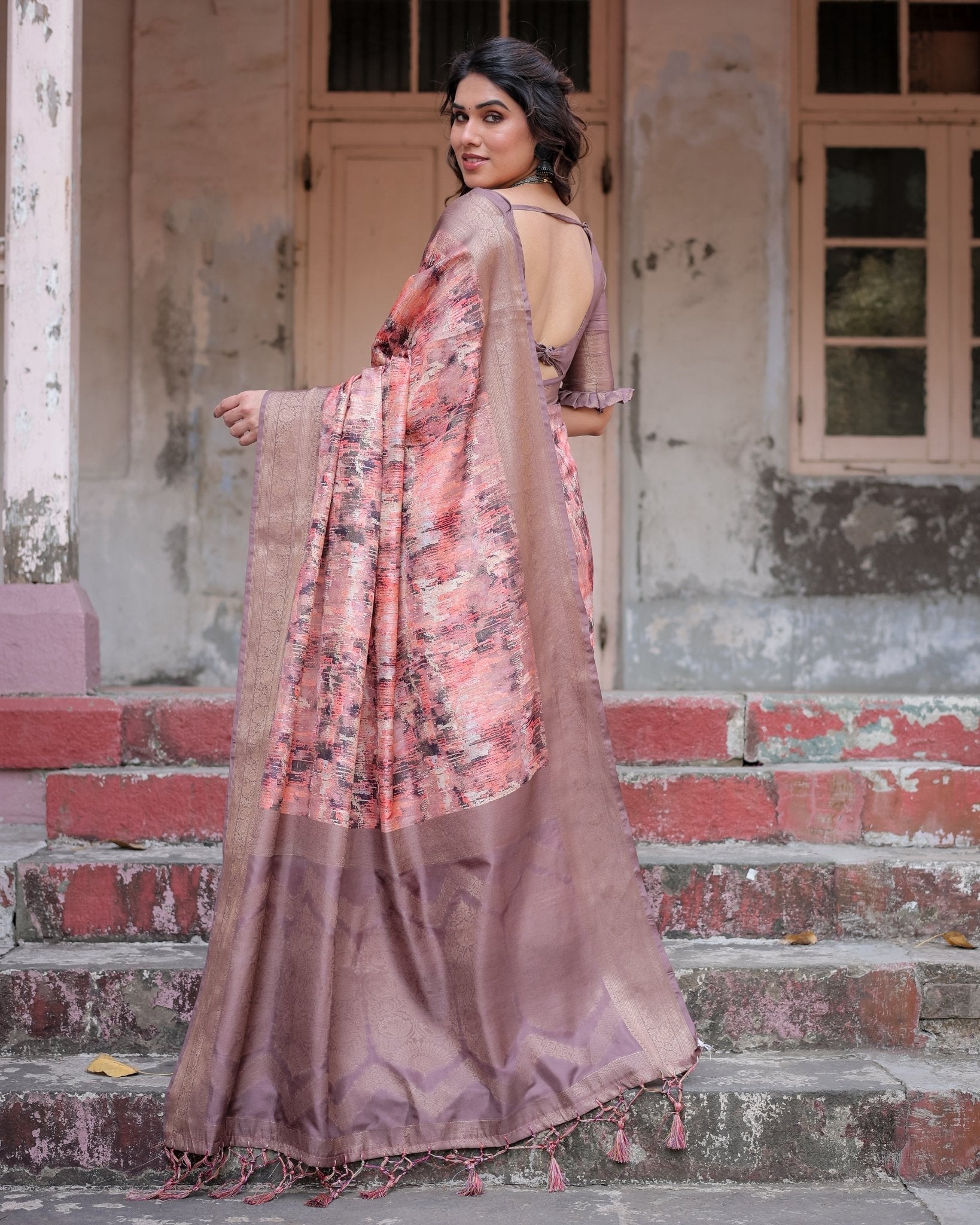 Peach and Brown Abstract Design Banarasi Silk Saree with Zari Weave and Tassel-Embellished Pallu