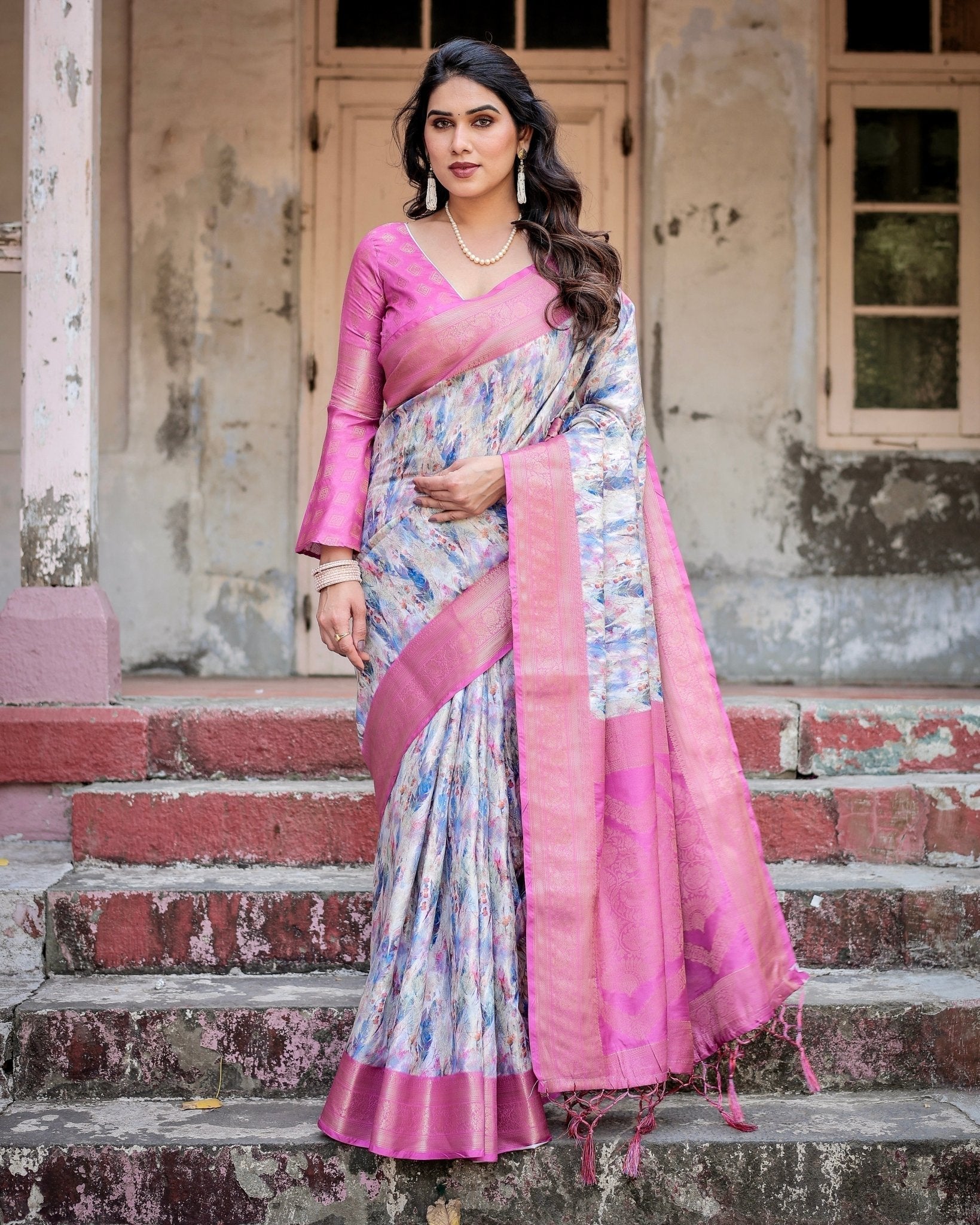 White and Pink Floral Digital Print Banarasi Silk Saree with Zari Weave and Tassel-Embellished Pallu