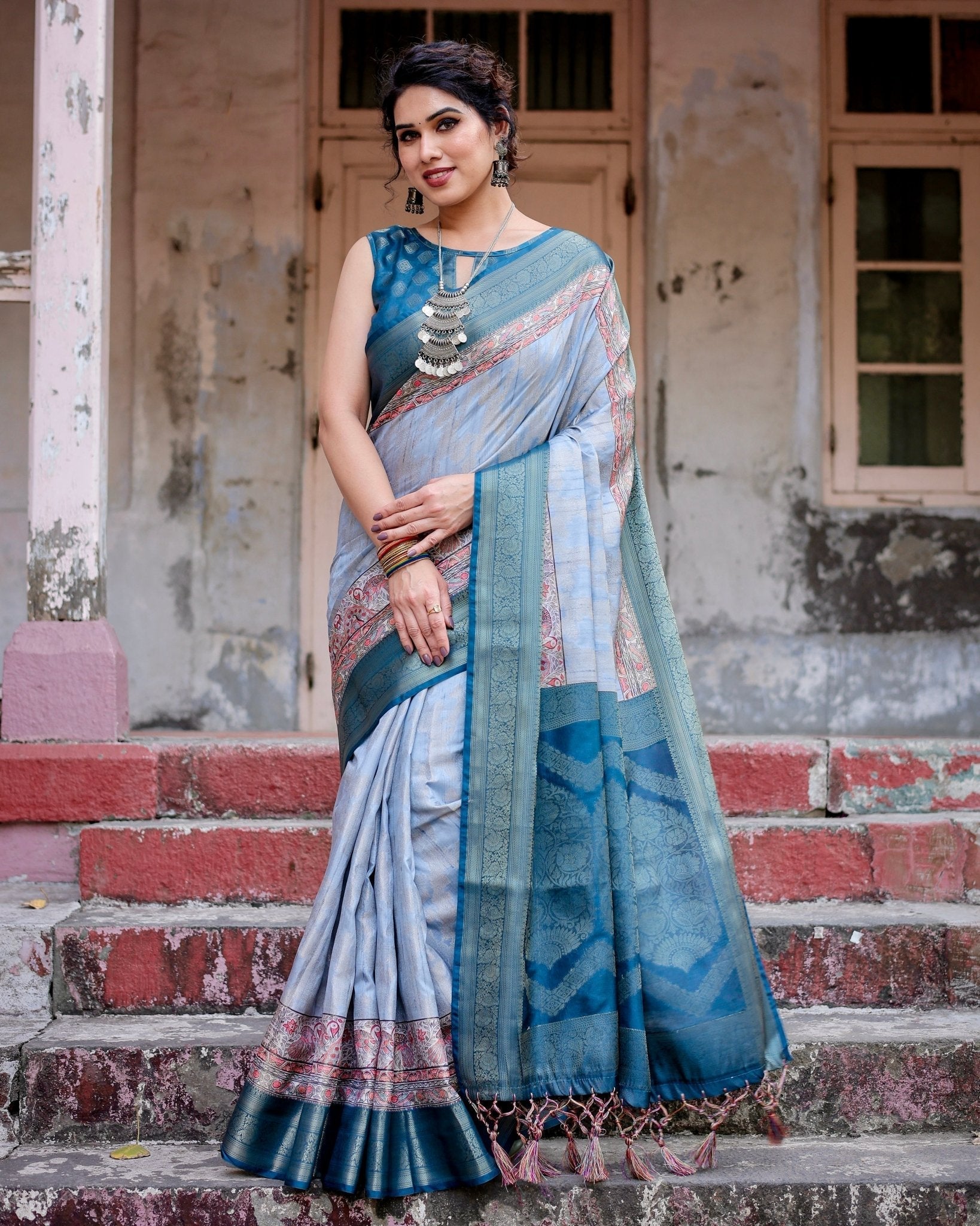 Elegant Blue and Beige Banarasi Silk Saree with Ornate Zari Weaving and Tassels