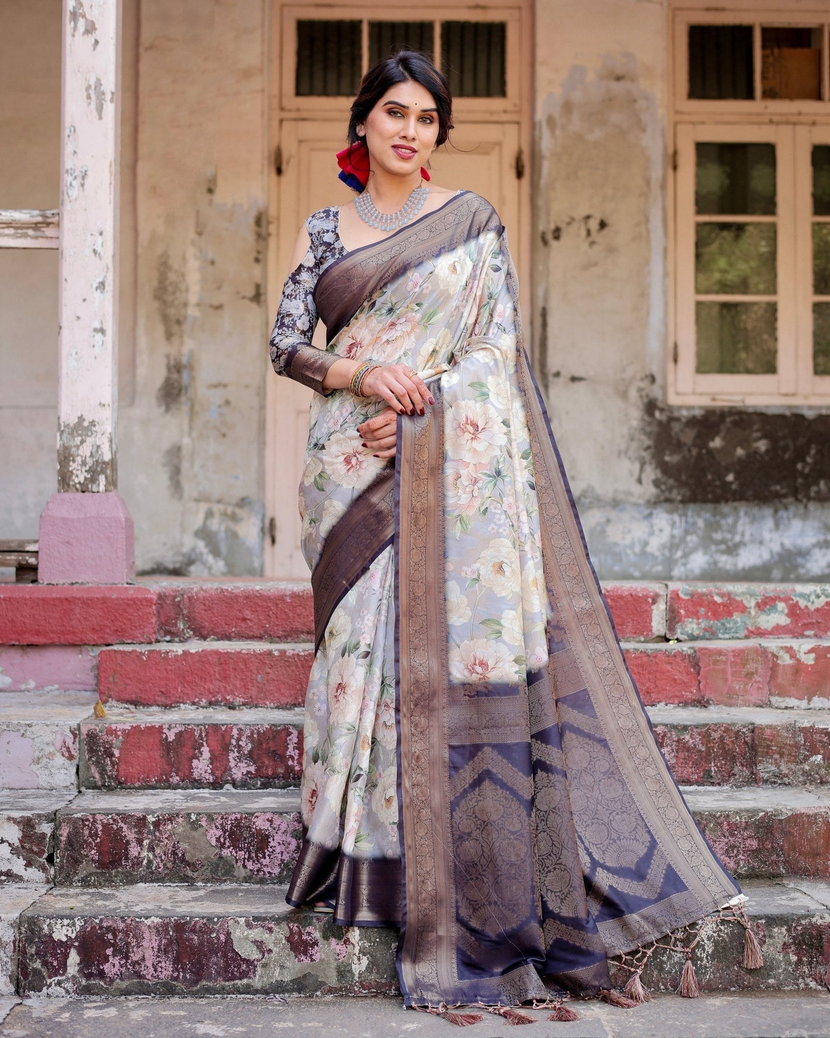 Elegant Gray Banarasi Silk Saree with Navy Blue Zari Weave, Floral Design, and Tassels