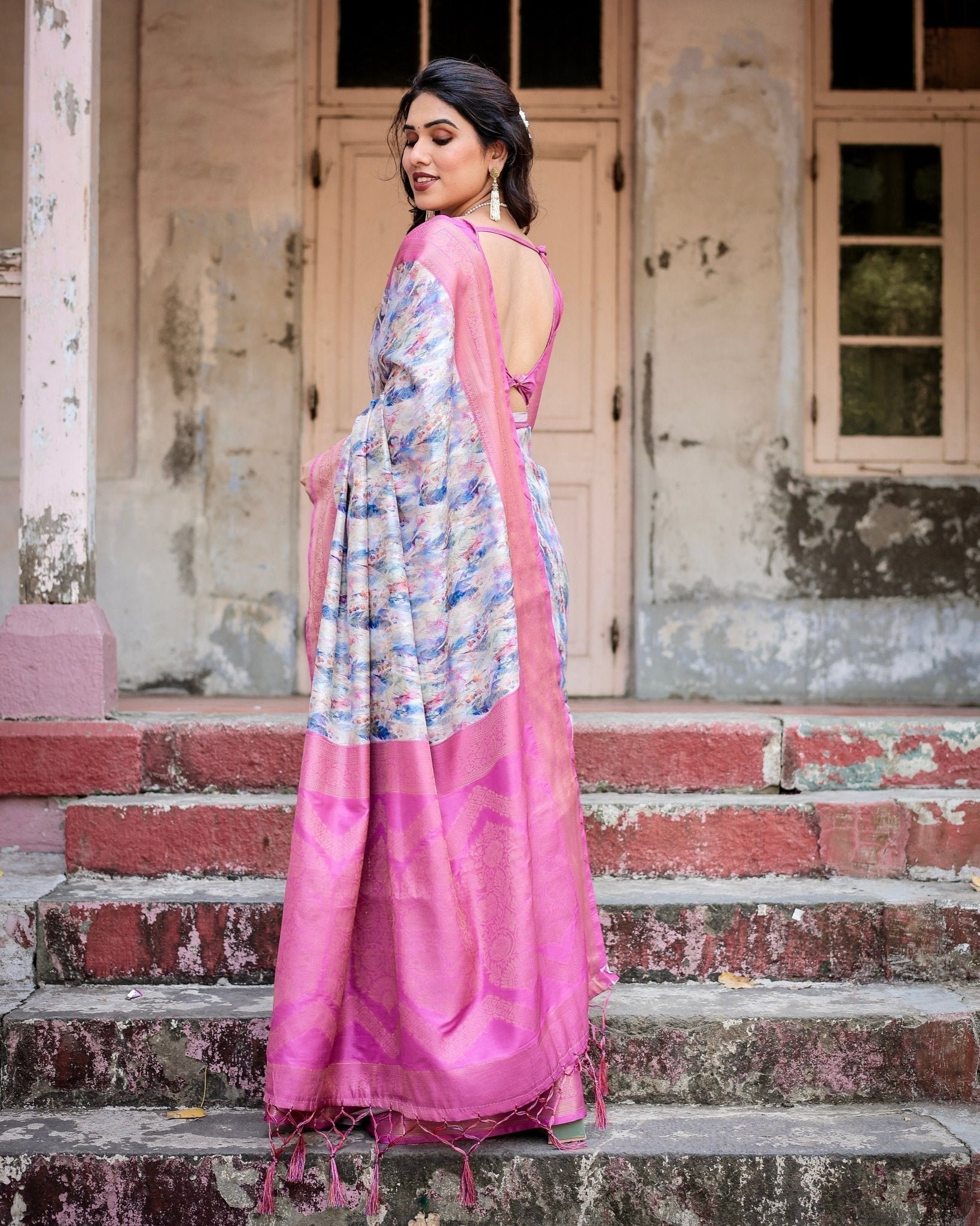 White and Pink Floral Digital Print Banarasi Silk Saree with Zari Weave and Tassel-Embellished Pallu