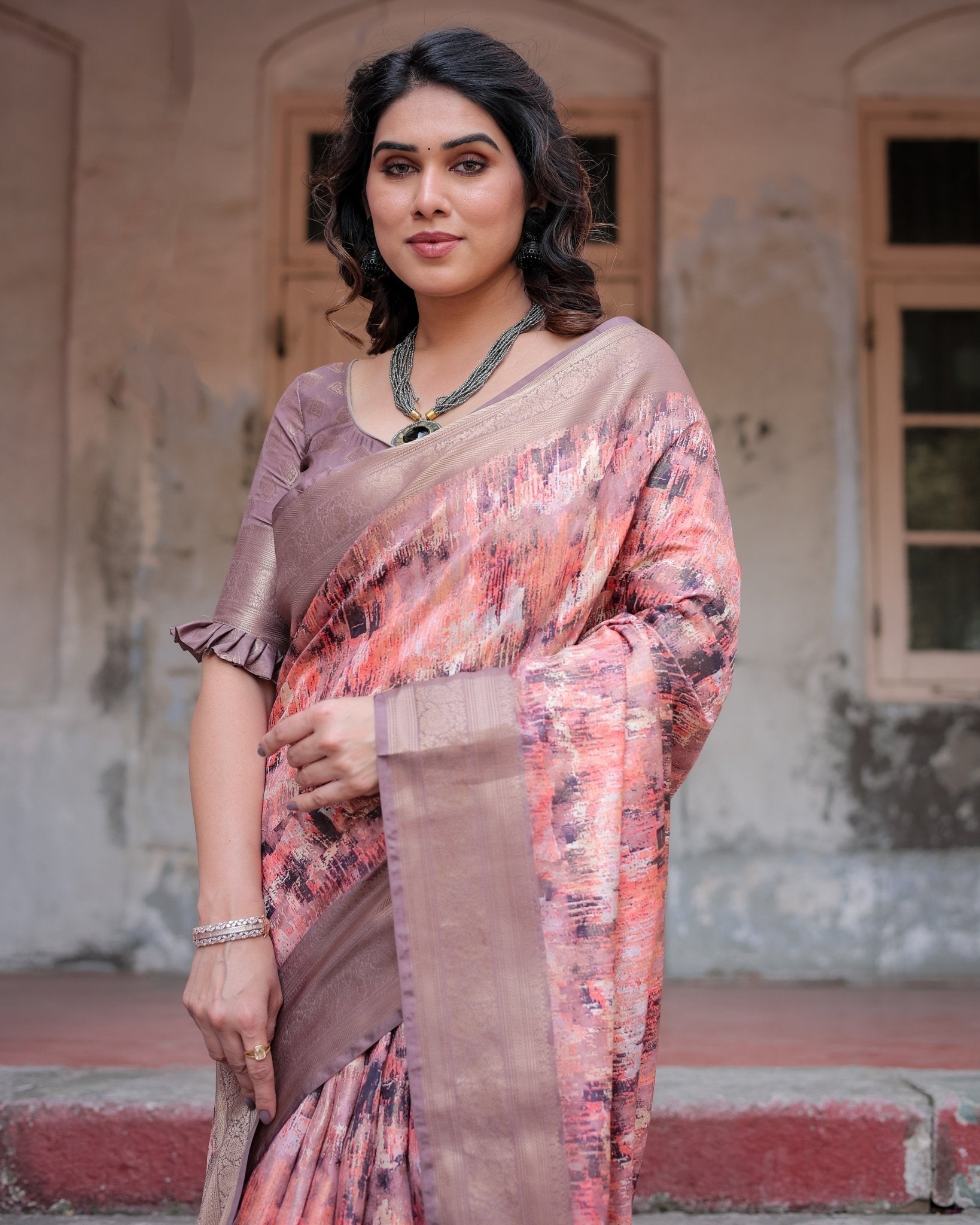 Peach and Brown Abstract Design Banarasi Silk Saree with Zari Weave and Tassel-Embellished Pallu