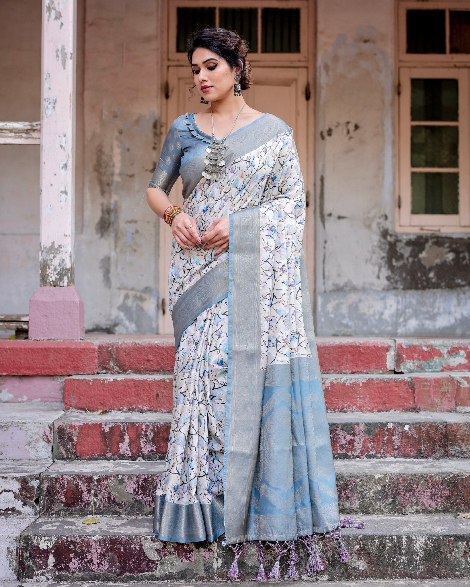 Elegant Light Blue Banarasi Silk Saree with Floral Design and Zari Weaved Pallu