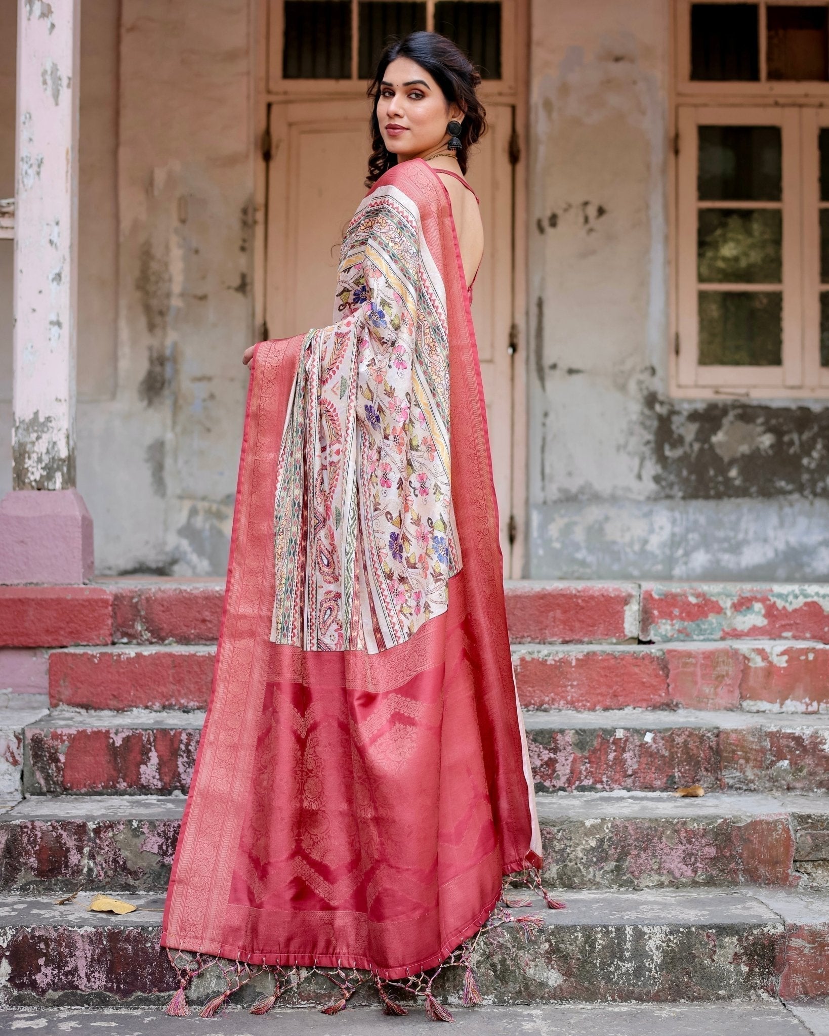 Red and Multicolor Digital Print Banarasi Silk Saree with Zari Weave and Tassel-Adorned Pallu