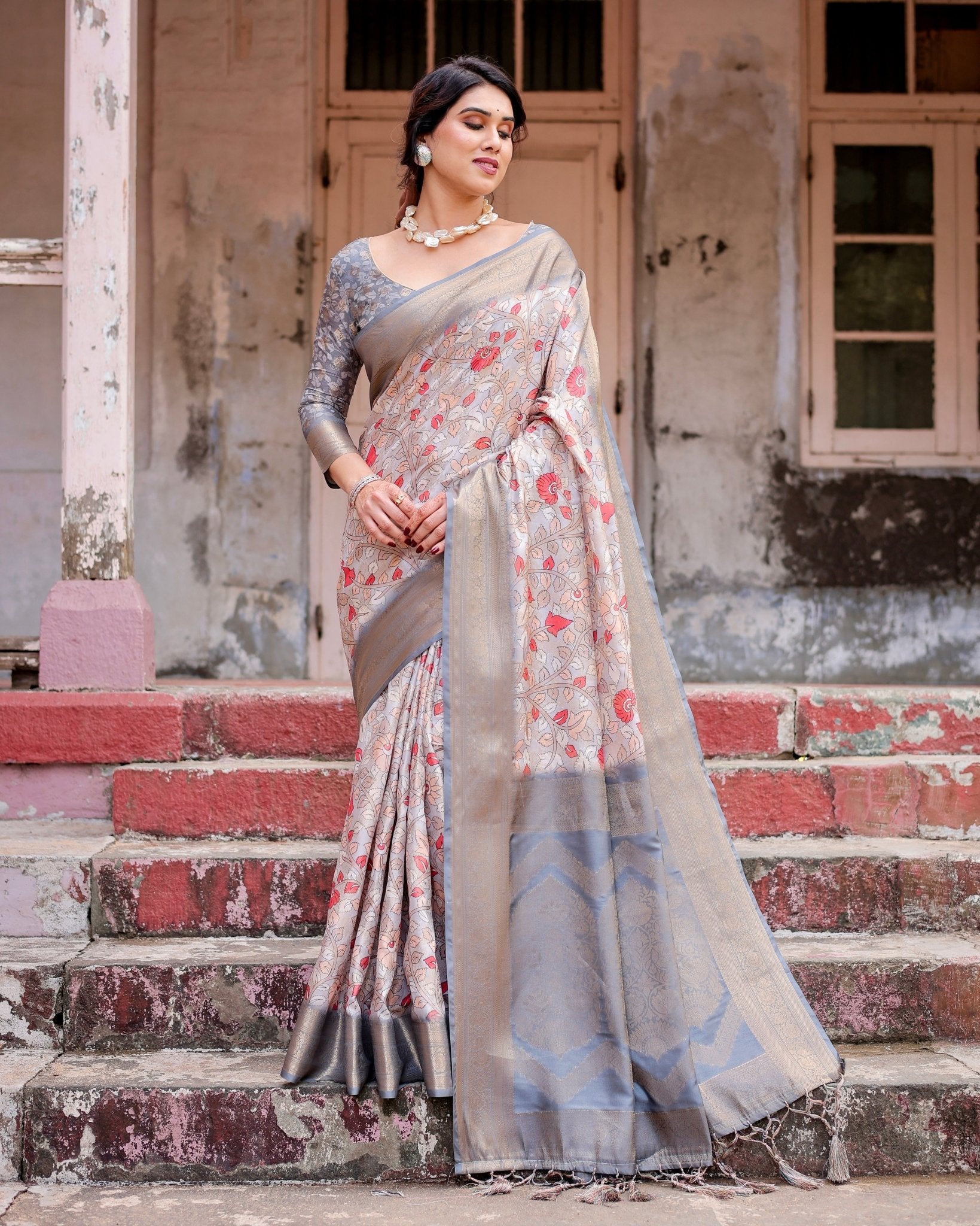 Elegant Grey Banarasi Silk Saree with Intricate Floral Design and Zari Weave