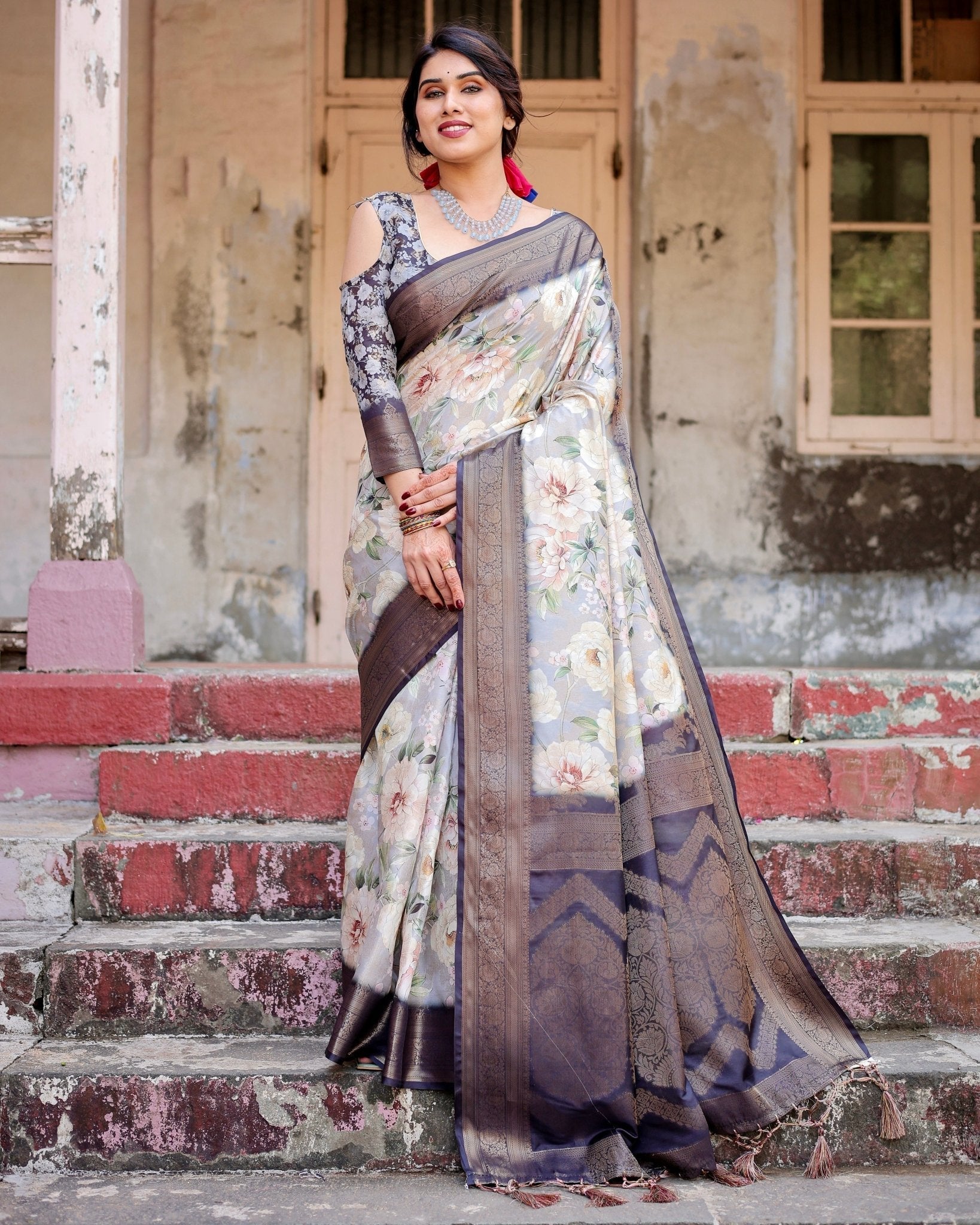 Elegant Gray Banarasi Silk Saree with Navy Blue Zari Weave, Floral Design, and Tassels