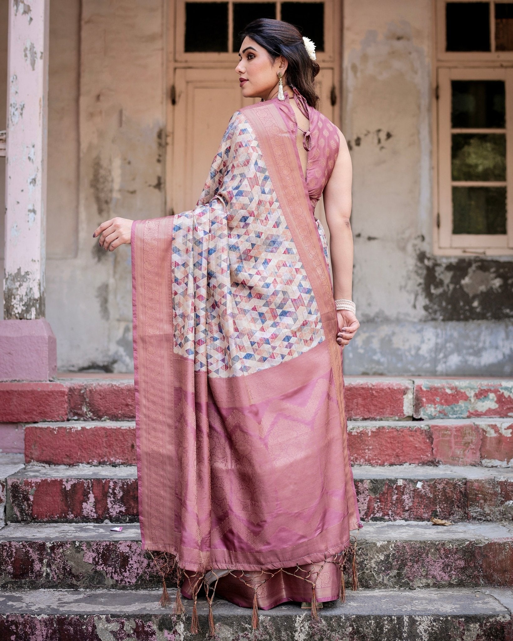 Beige and Pink Geometric Print Banarasi Silk Saree with Zari Weave and Tassel-Embellished Pallu