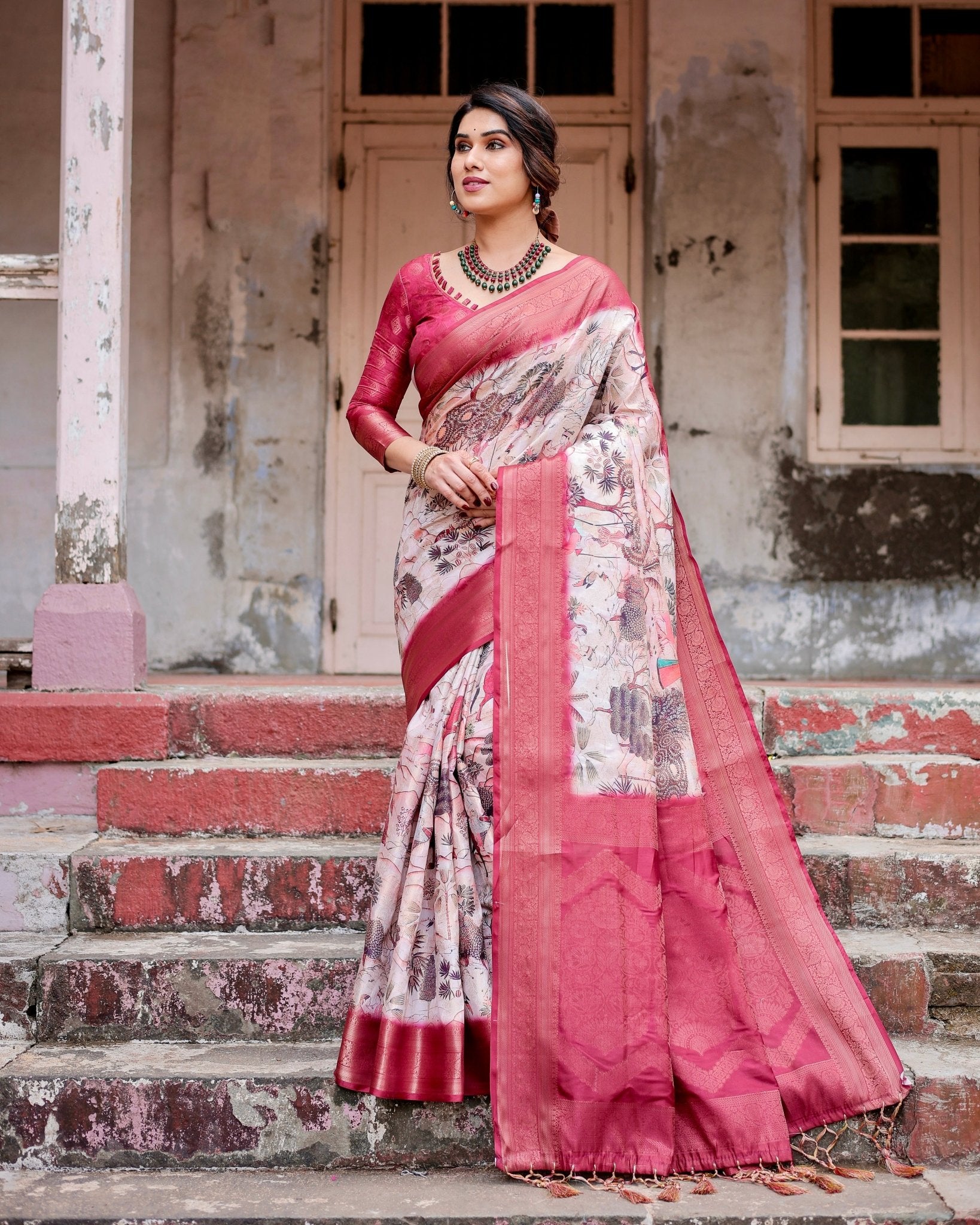 Graceful Fuchsia Pink Banarasi Silk Saree with Digital Forest Scenery Print & Zari Weave