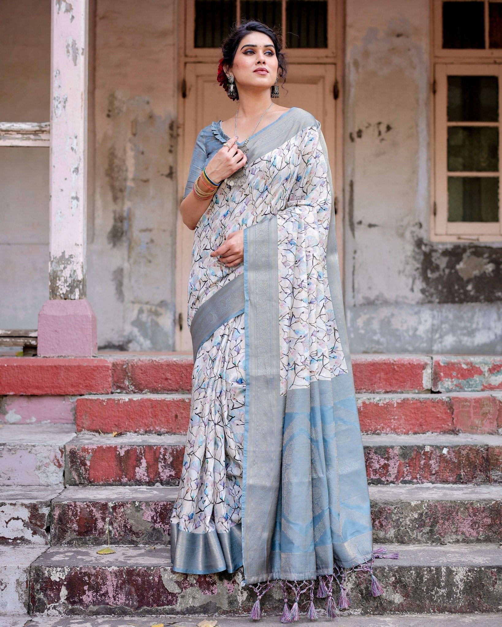 Elegant Light Blue Banarasi Silk Saree with Floral Design and Zari Weaved Pallu