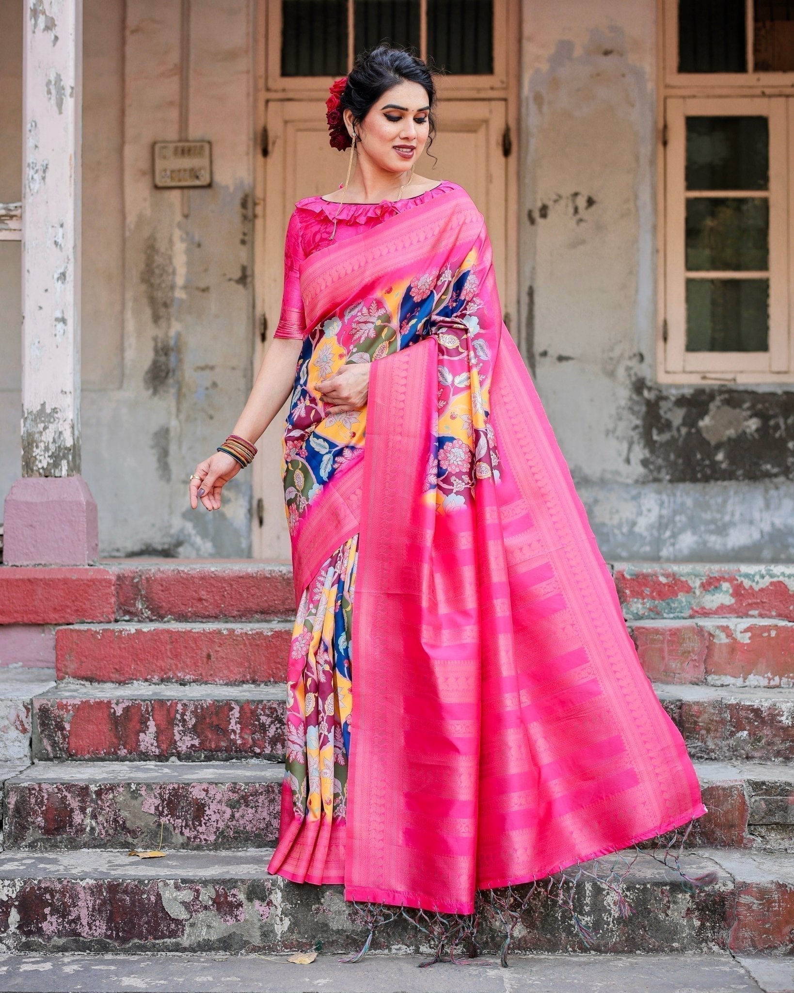 Hot Pink Multicolor Floral Digital Printed Banarasi Silk Saree with Zari Woven Border and Solid Pink Pallu - Includes Tassels