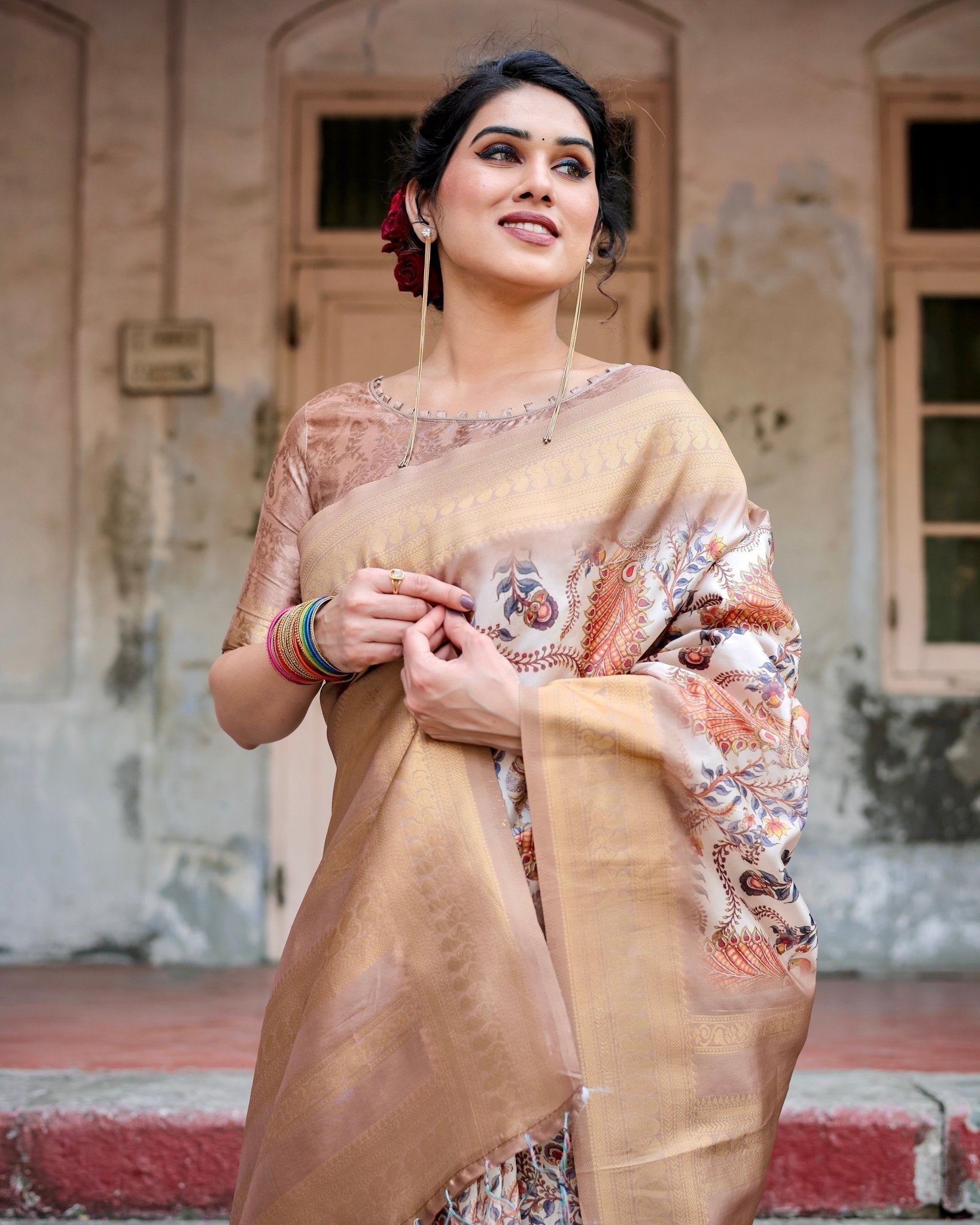 Elegant Beige Floral Banarasi Silk Saree with Zari Weave and Tassels