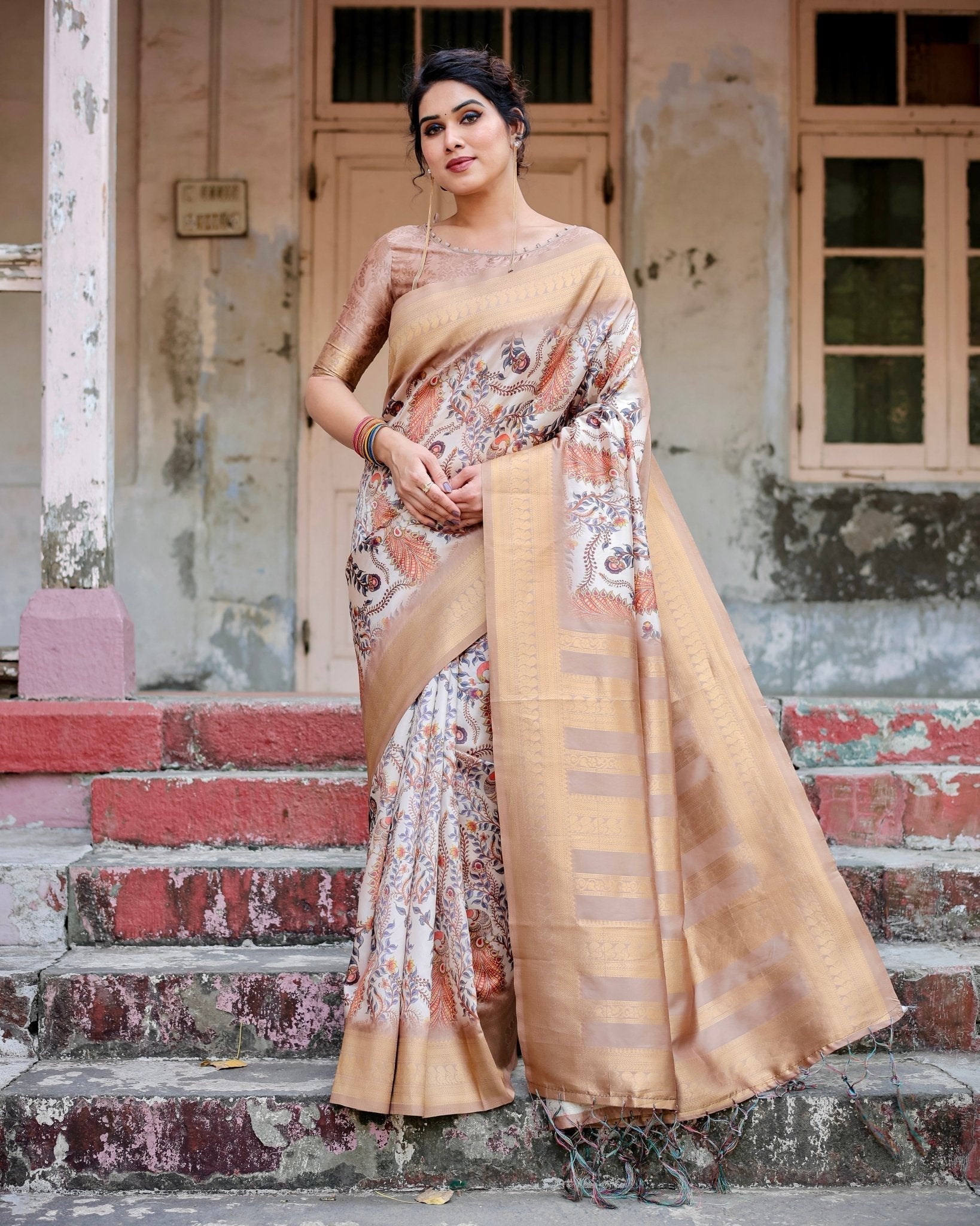 Elegant Beige Floral Banarasi Silk Saree with Zari Weave and Tassels