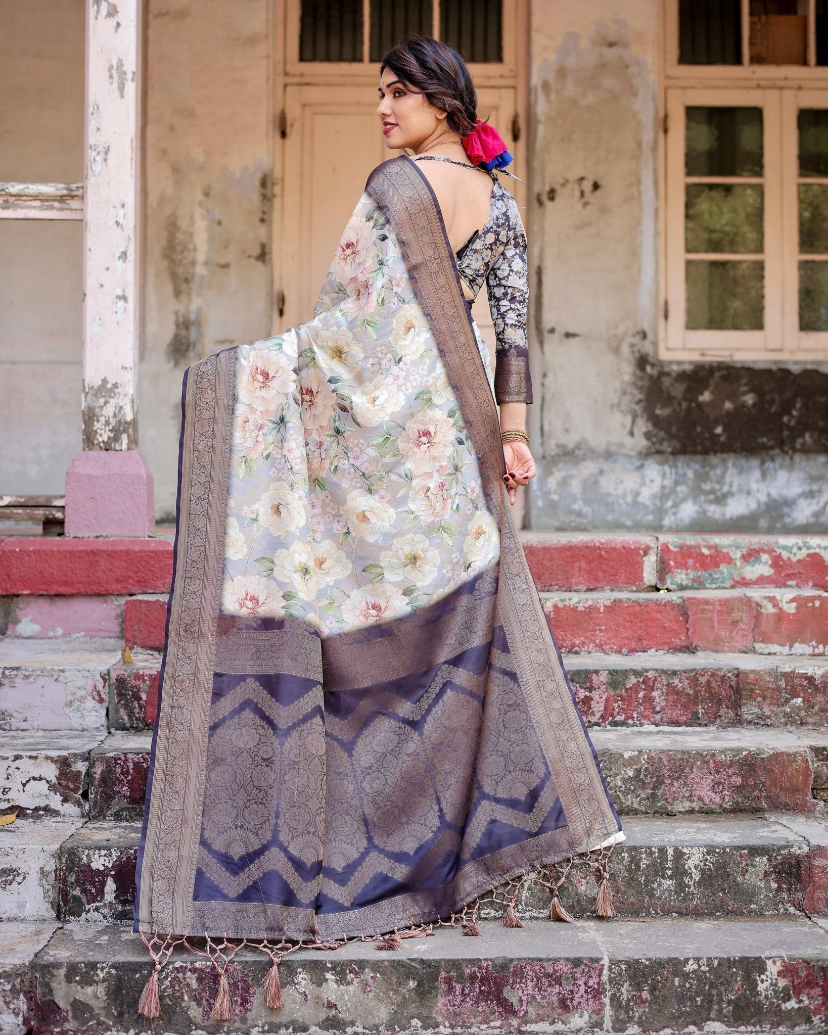 Elegant Gray Banarasi Silk Saree with Navy Blue Zari Weave, Floral Design, and Tassels