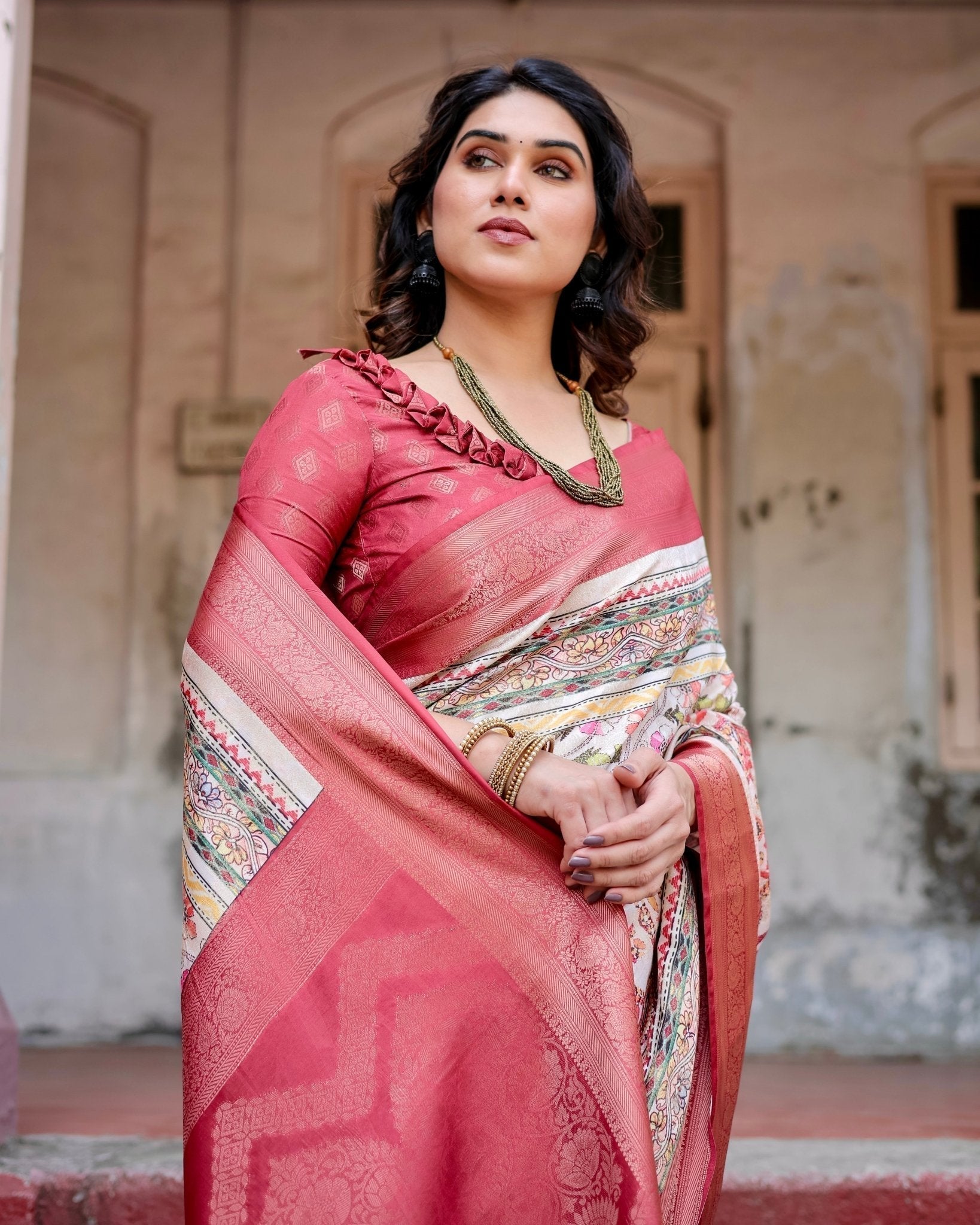 Red and Multicolor Digital Print Banarasi Silk Saree with Zari Weave and Tassel-Adorned Pallu