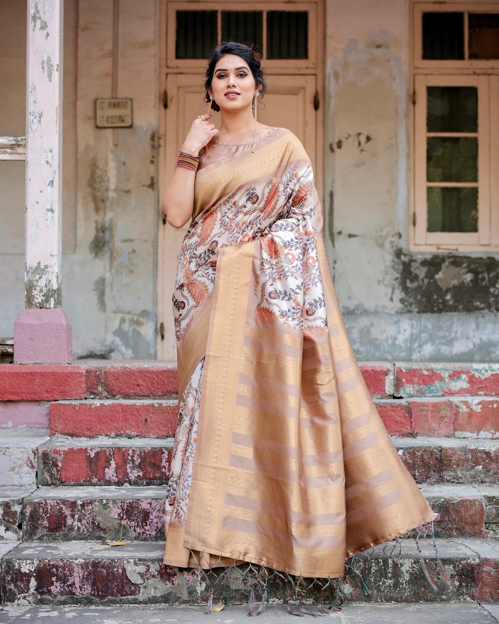 Elegant Beige Floral Banarasi Silk Saree with Zari Weave and Tassels