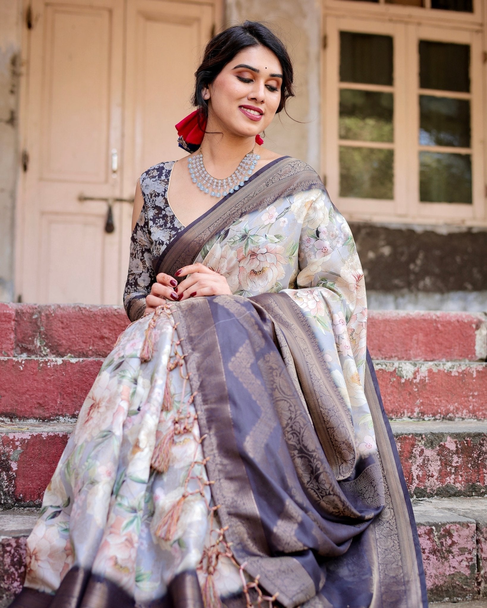 Elegant Gray Banarasi Silk Saree with Navy Blue Zari Weave, Floral Design, and Tassels
