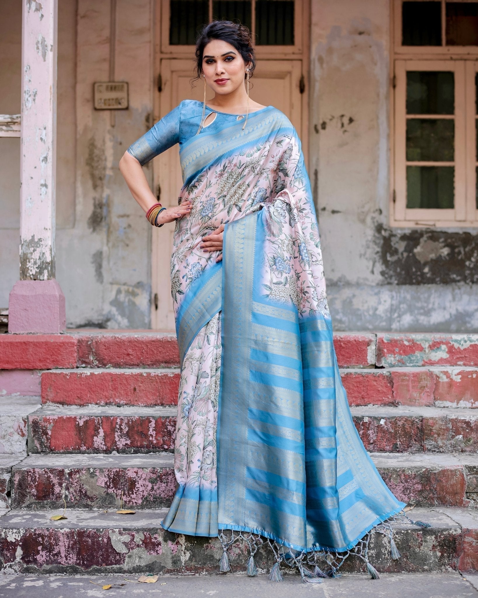 Elegant Floral Banarasi Silk Saree in Sky Blue and Blush Pink with Zari Weave and Tassels