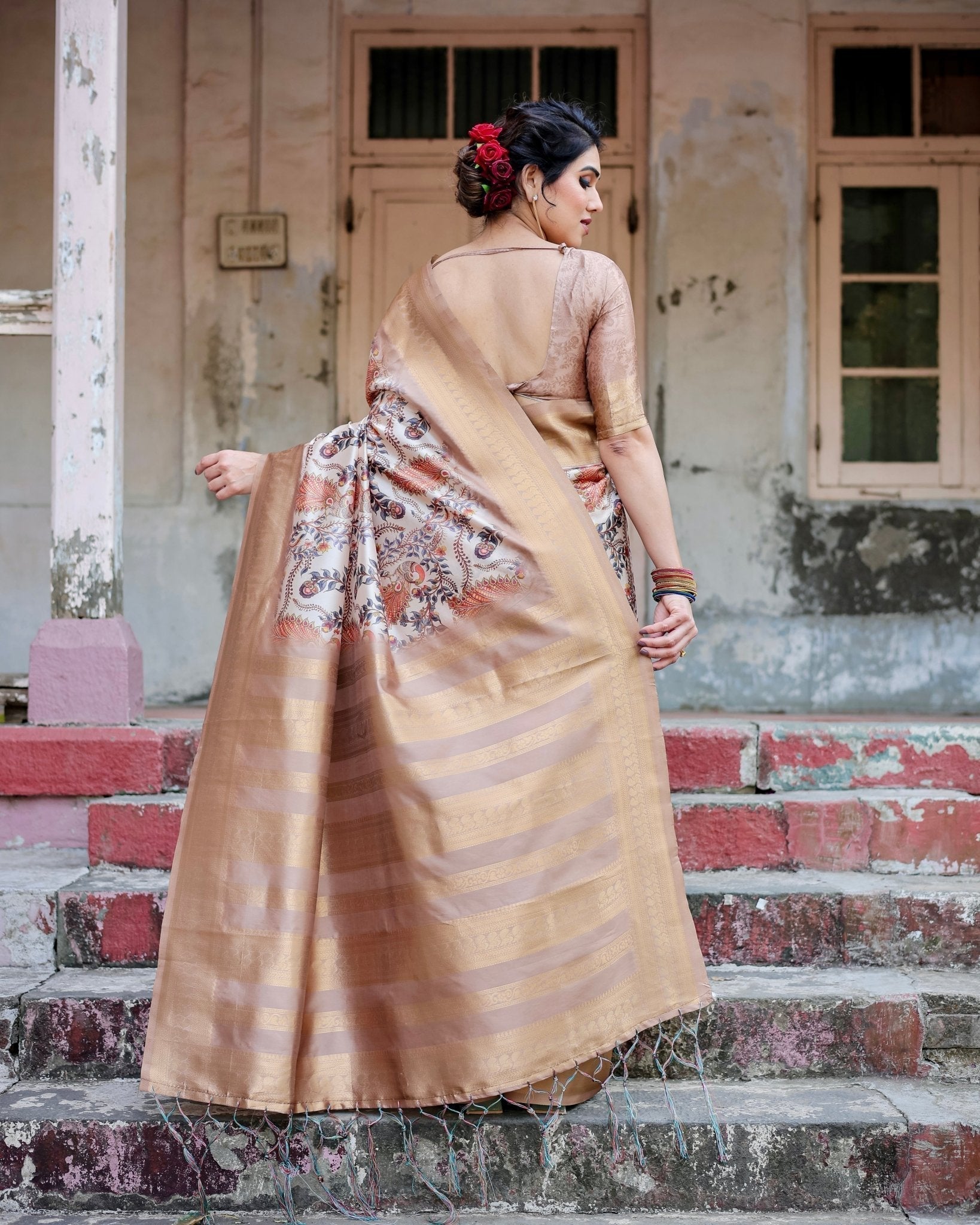 Elegant Beige Floral Banarasi Silk Saree with Zari Weave and Tassels
