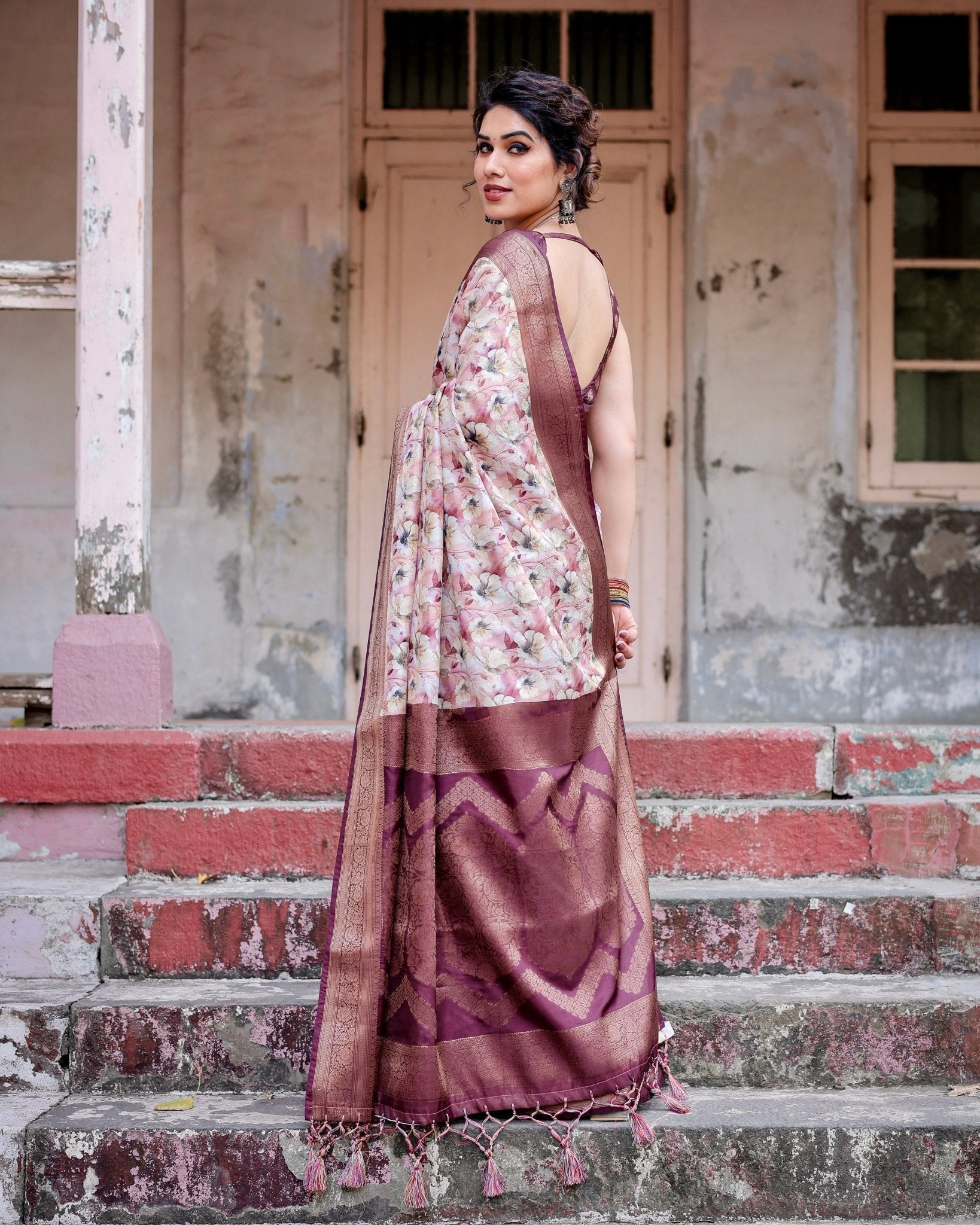 Elegant Wine Floral Banarasi Silk Saree with Zari Weave and Tassels