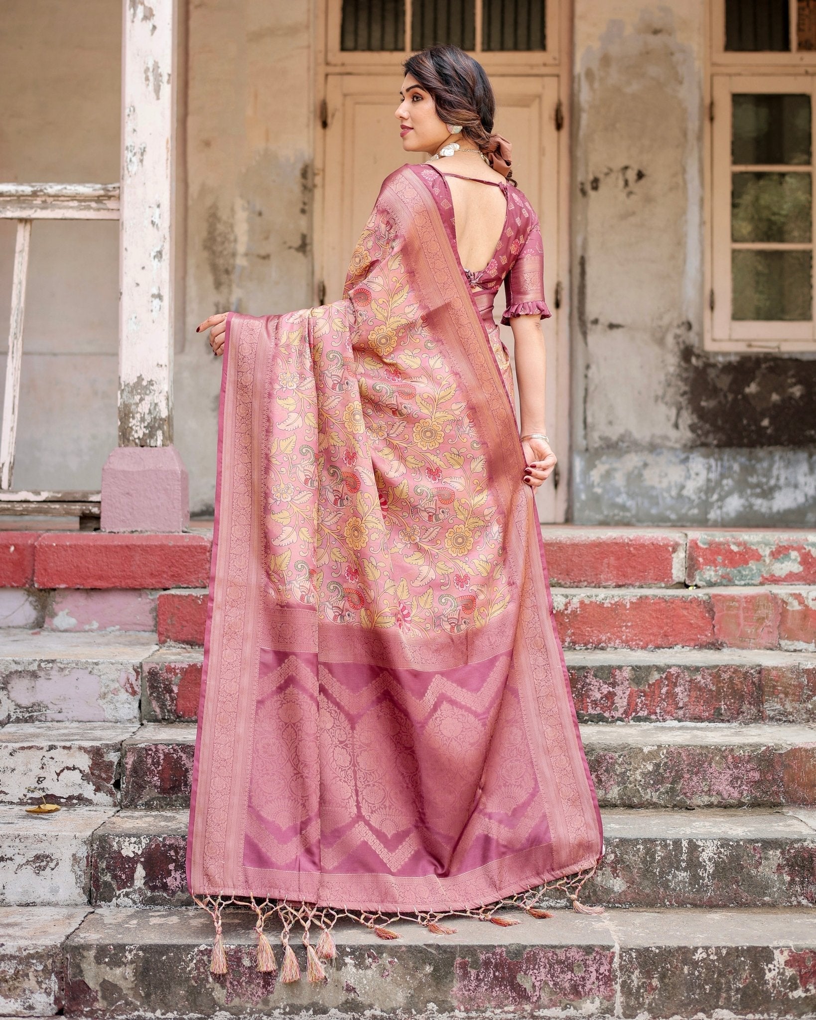 Elegant Pink Banarasi Silk Saree with Floral Zari Weaving and Tassel-Embellished Pallu