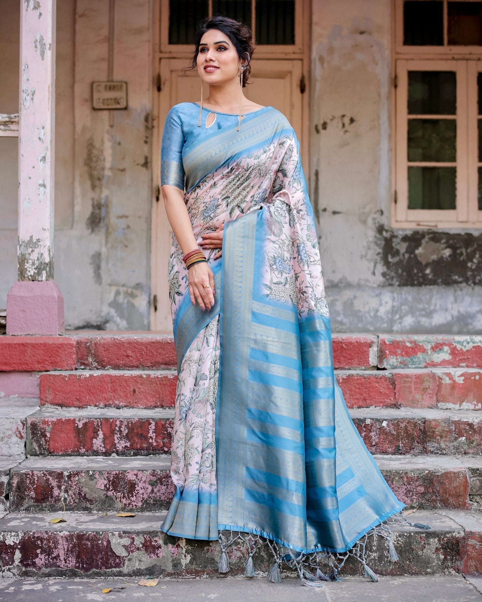 Elegant Floral Banarasi Silk Saree in Sky Blue and Blush Pink with Zari Weave and Tassels