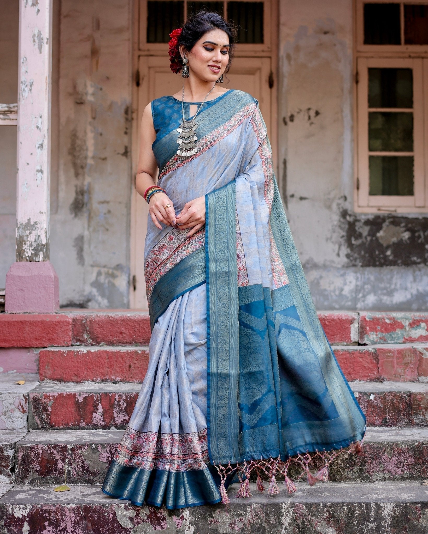 Elegant Blue and Beige Banarasi Silk Saree with Ornate Zari Weaving and Tassels