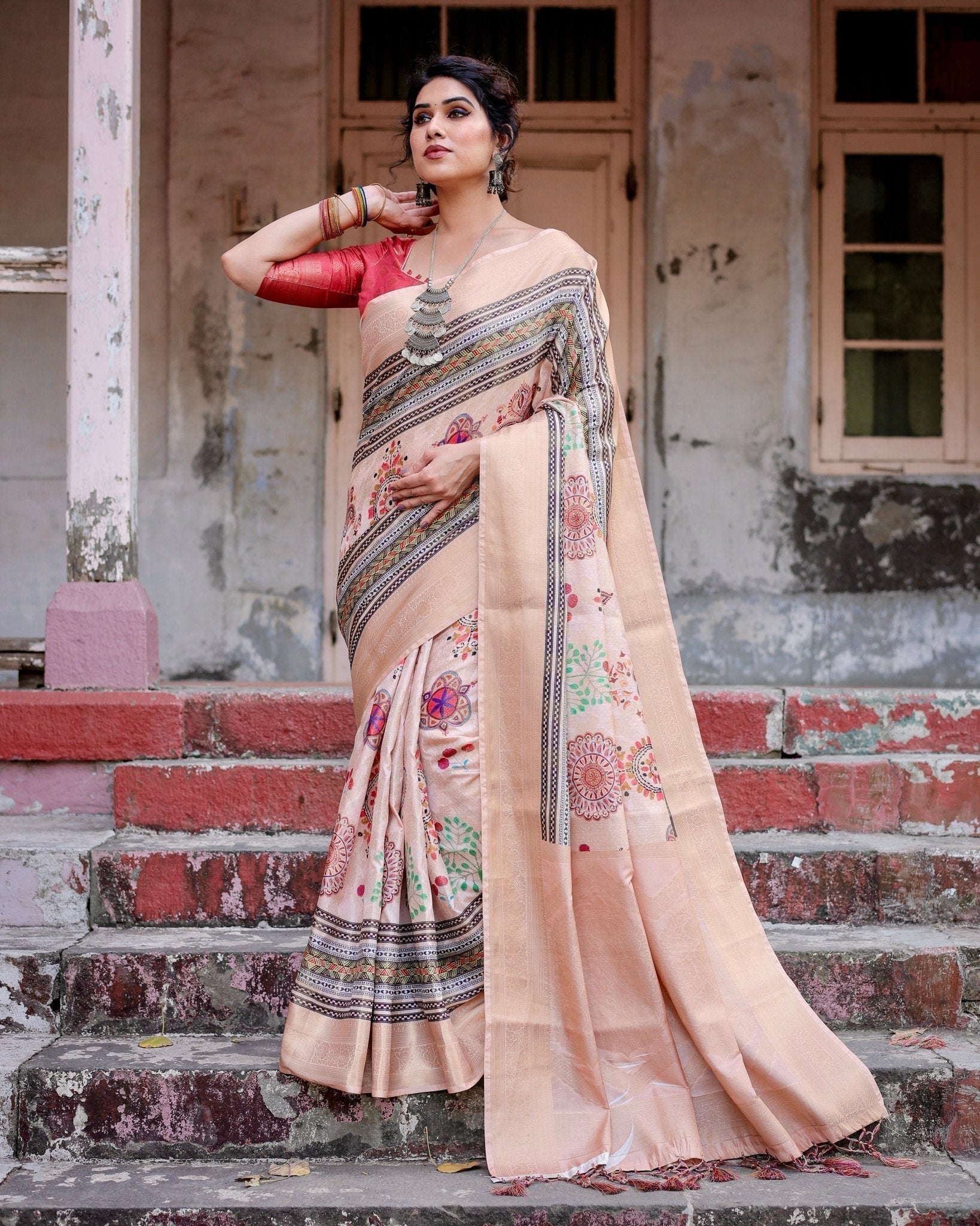 Elegant Peach Banarasi Silk Saree with Multicolor Embroidery and Tassels