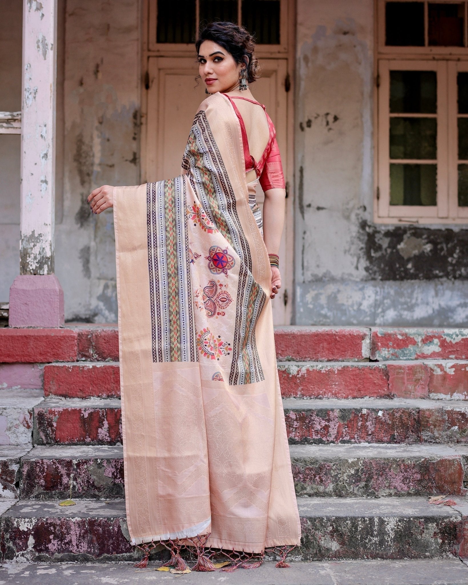 Elegant Peach Banarasi Silk Saree with Multicolor Embroidery and Tassels