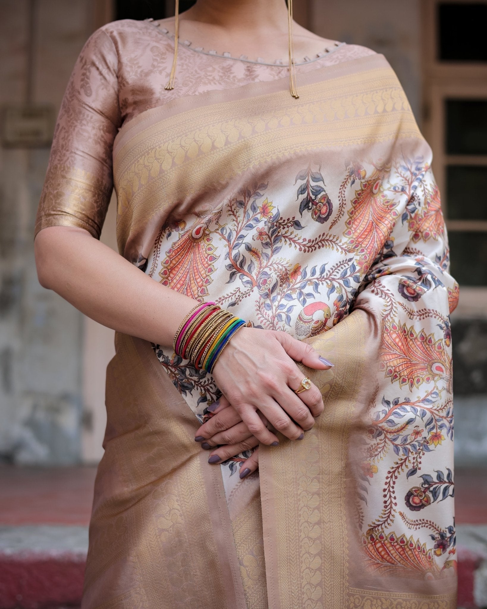 Elegant Beige Floral Banarasi Silk Saree with Zari Weave and Tassels