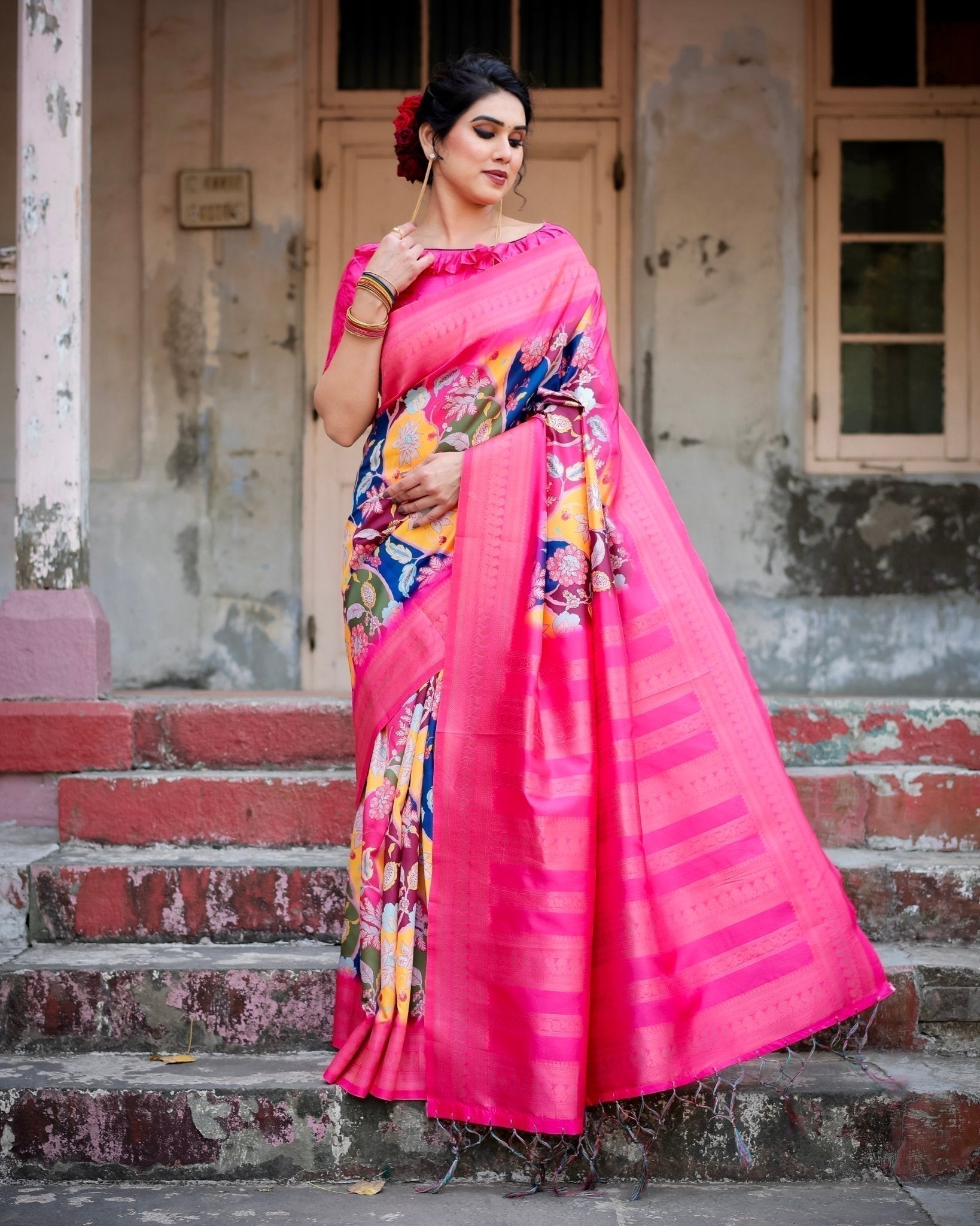 Hot Pink Multicolor Floral Digital Printed Banarasi Silk Saree with Zari Woven Border and Solid Pink Pallu - Includes Tassels