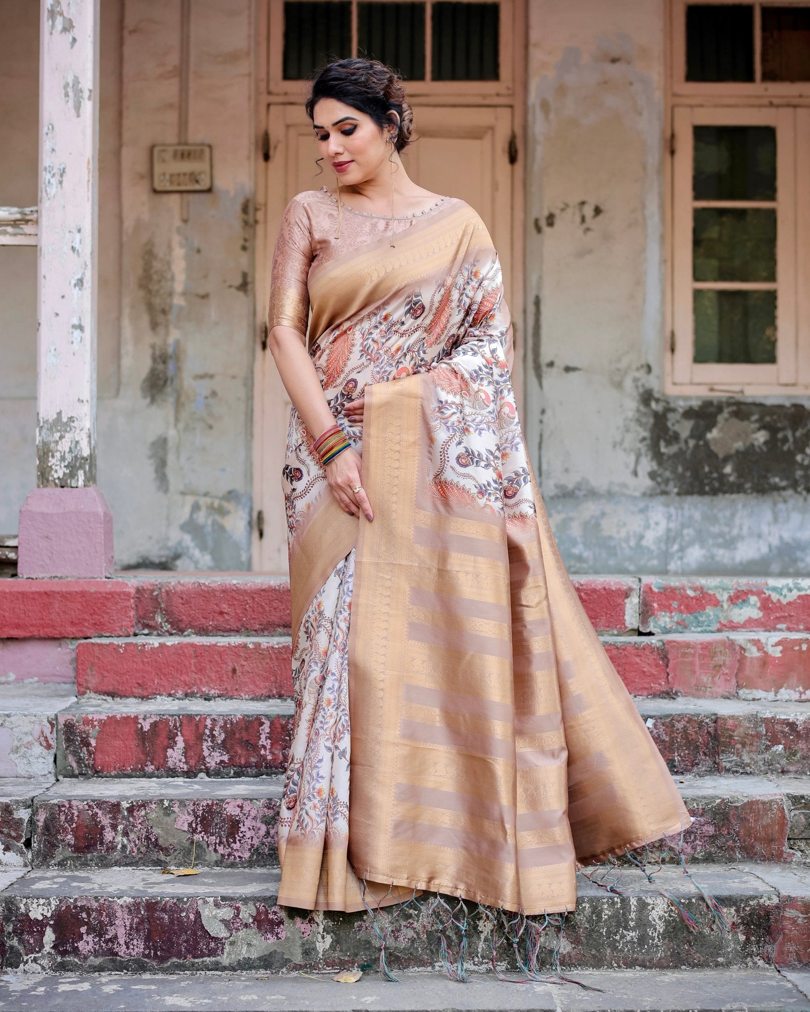 Elegant Beige Floral Banarasi Silk Saree with Zari Weave and Tassels