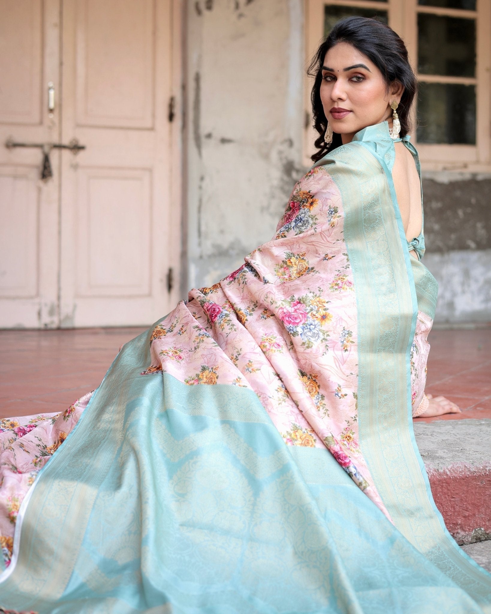 Pink and Green Floral Digital Print Banarasi Silk Saree with Zari Weave and Tassel Pallu