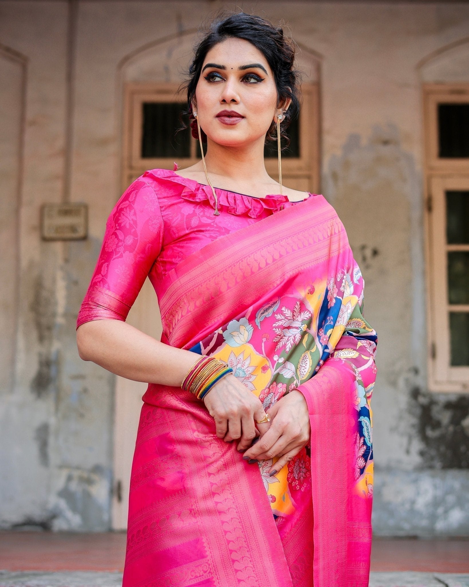 Hot Pink Multicolor Floral Digital Printed Banarasi Silk Saree with Zari Woven Border and Solid Pink Pallu - Includes Tassels