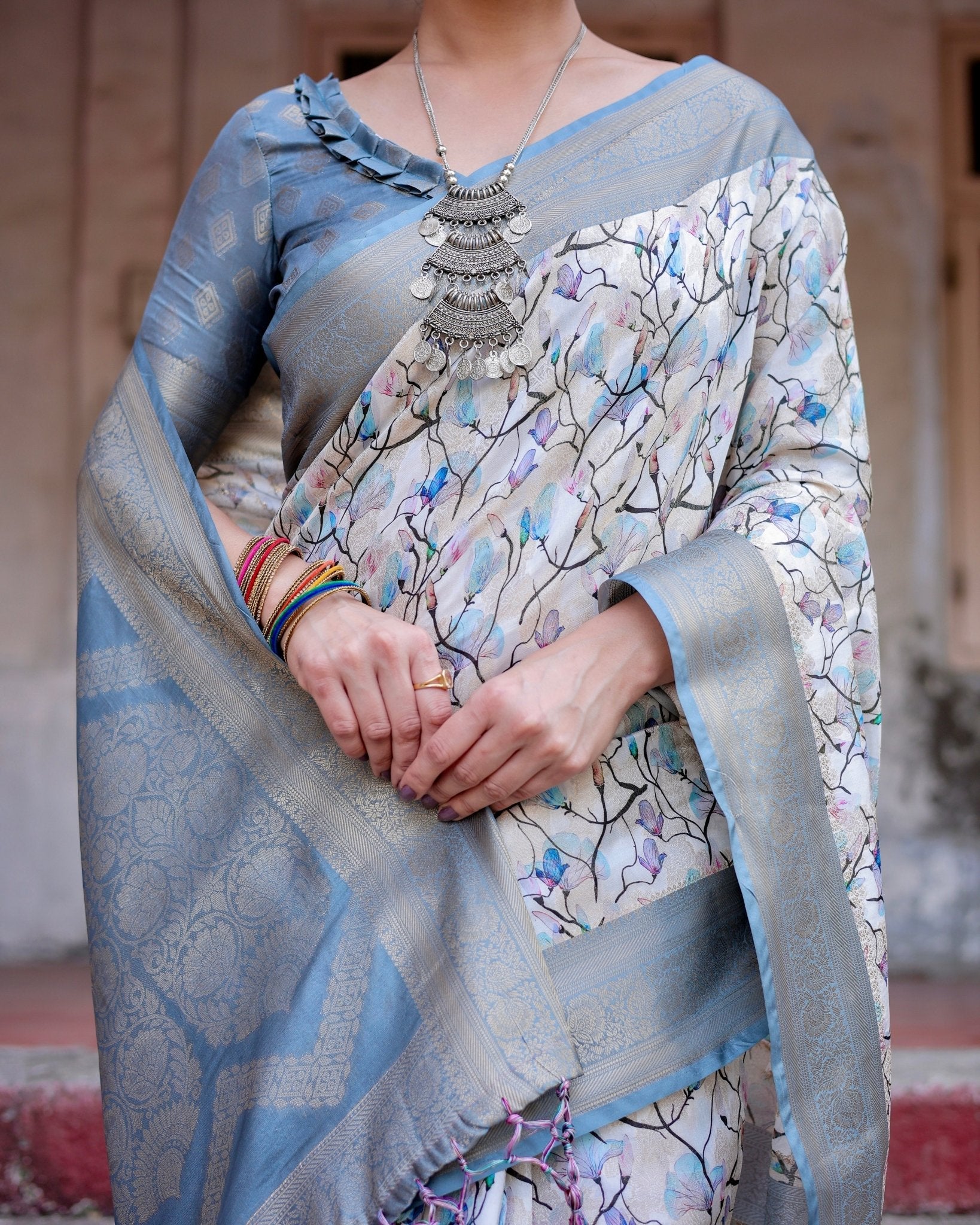 Elegant Light Blue Banarasi Silk Saree with Floral Design and Zari Weaved Pallu