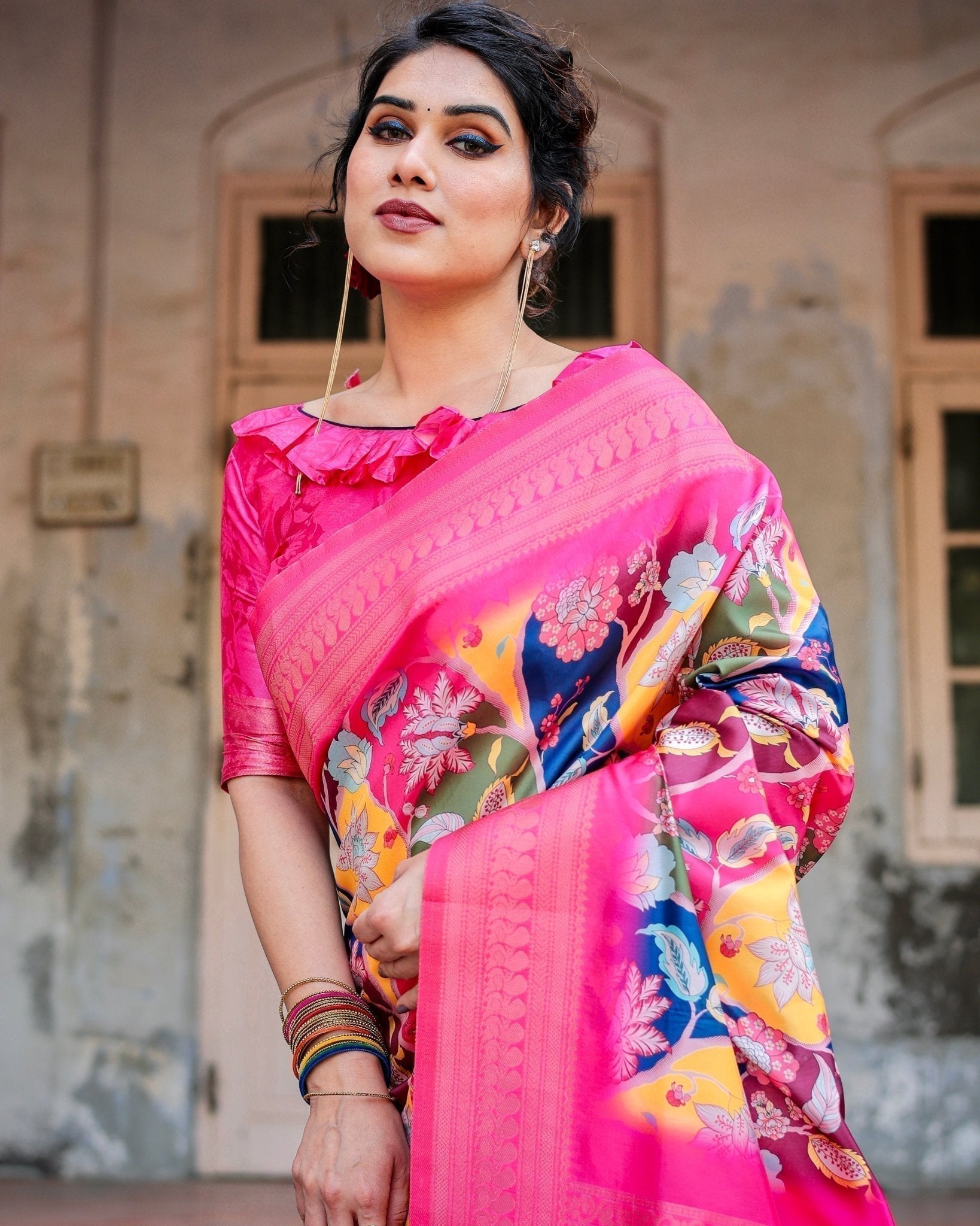 Hot Pink Multicolor Floral Digital Printed Banarasi Silk Saree with Zari Woven Border and Solid Pink Pallu - Includes Tassels