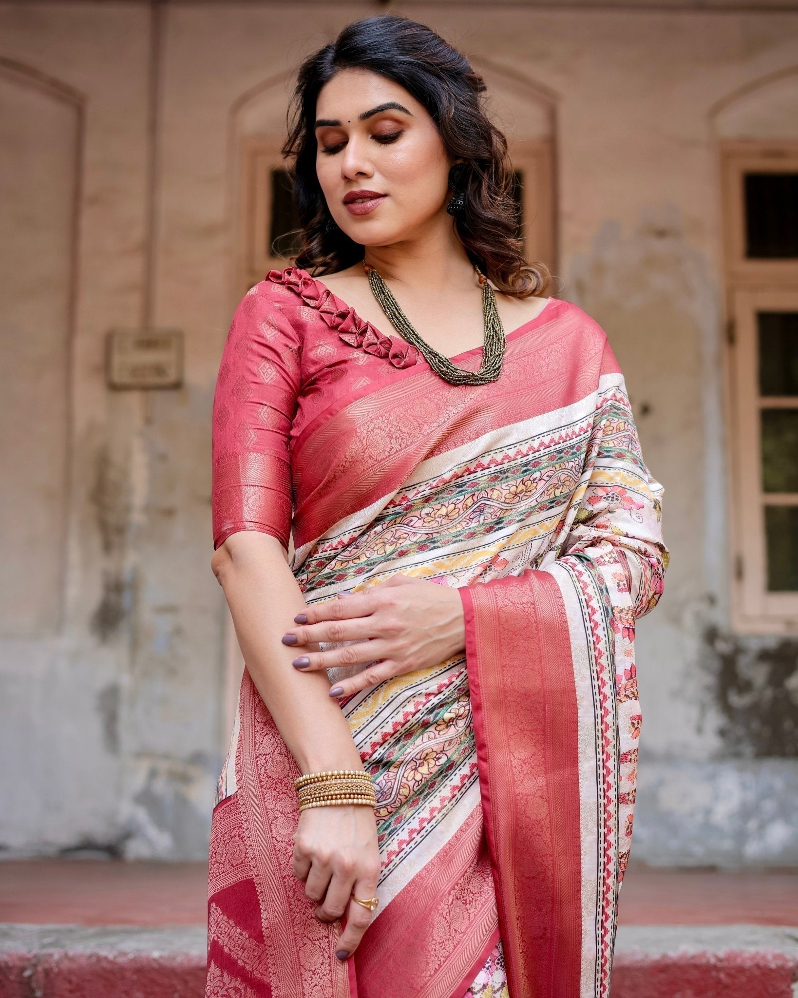 Red and Multicolor Digital Print Banarasi Silk Saree with Zari Weave and Tassel-Adorned Pallu