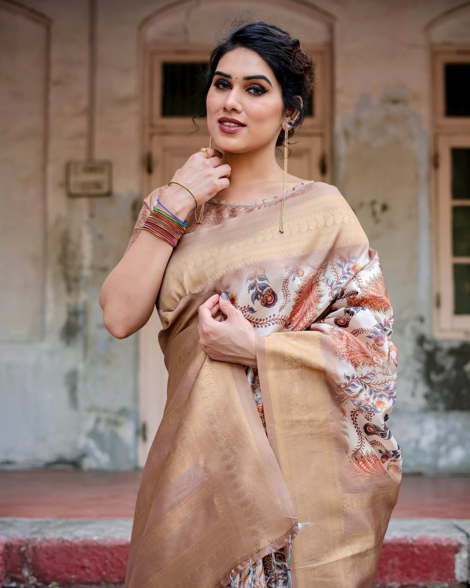 Elegant Beige Floral Banarasi Silk Saree with Zari Weave and Tassels