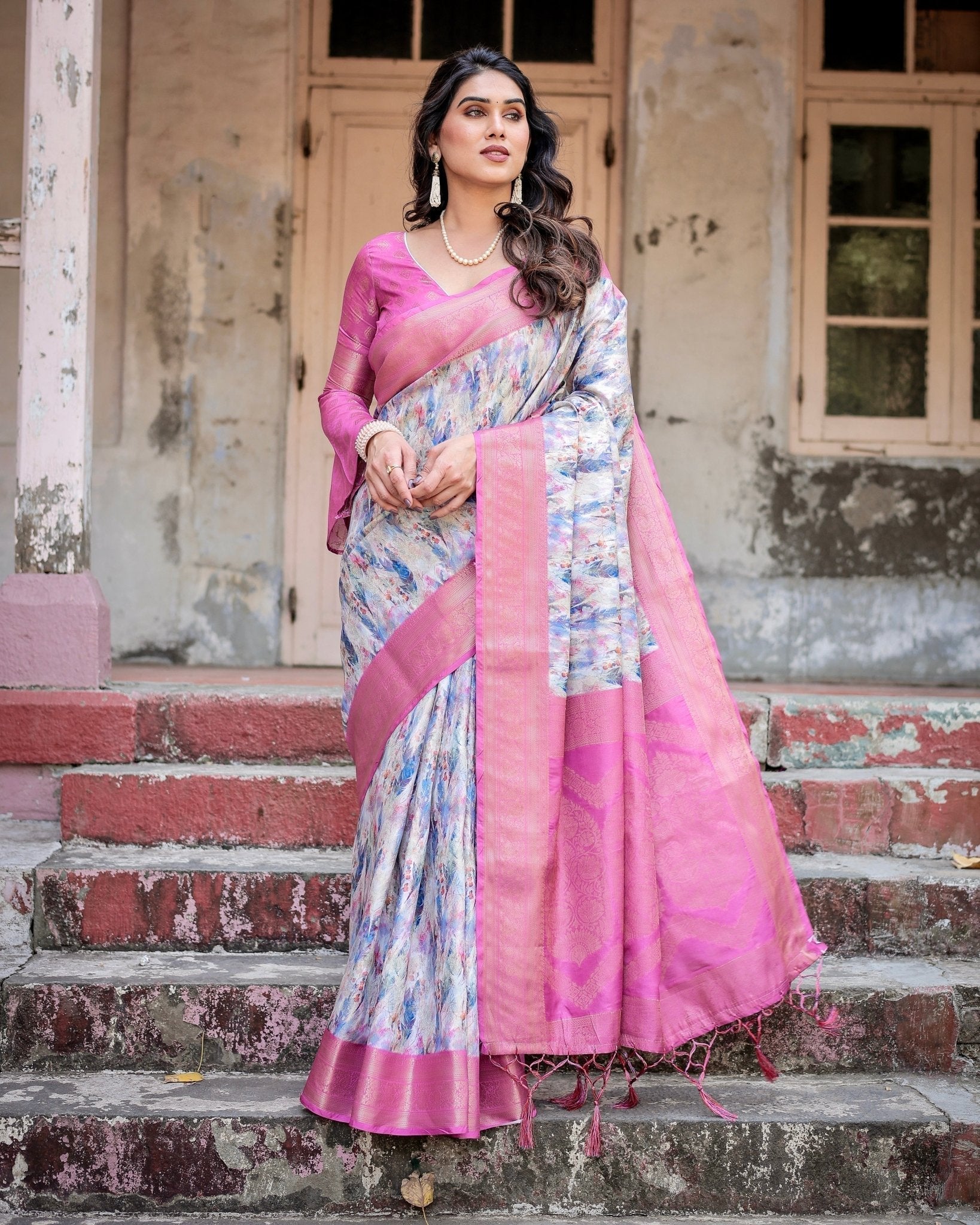 White and Pink Floral Digital Print Banarasi Silk Saree with Zari Weave and Tassel-Embellished Pallu