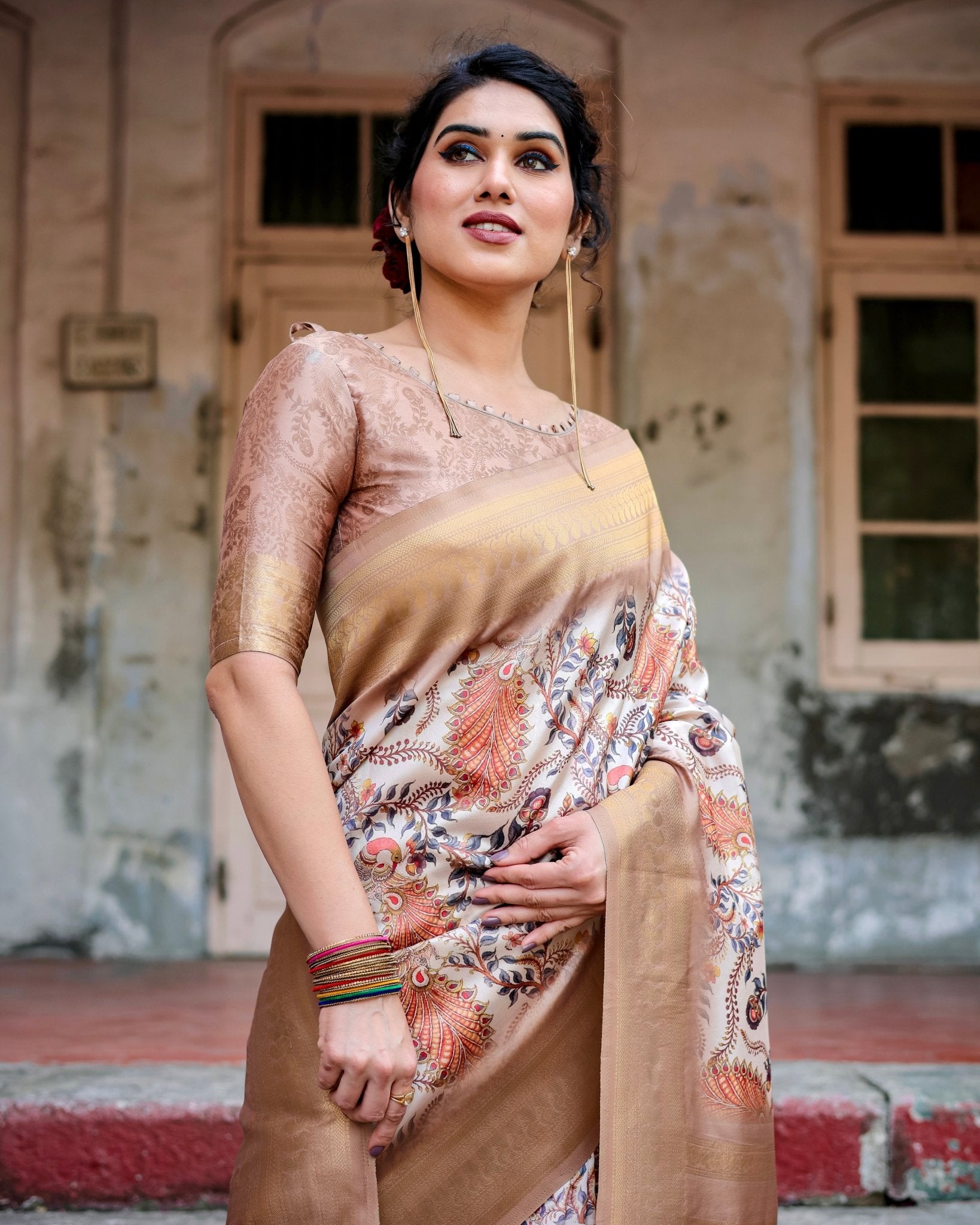 Elegant Beige Floral Banarasi Silk Saree with Zari Weave and Tassels