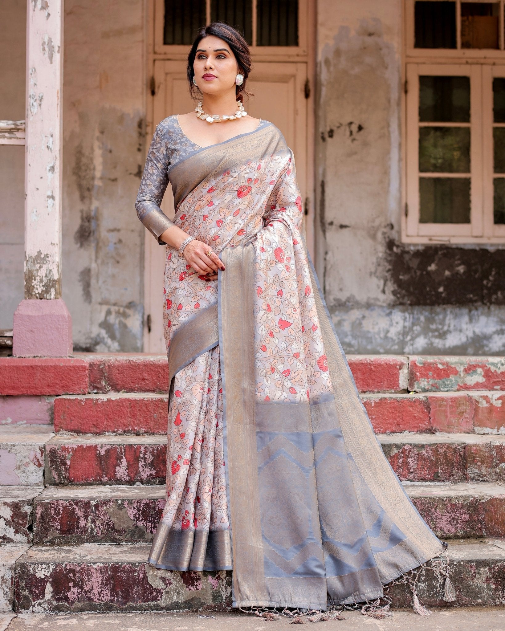 Elegant Grey Banarasi Silk Saree with Intricate Floral Design and Zari Weave