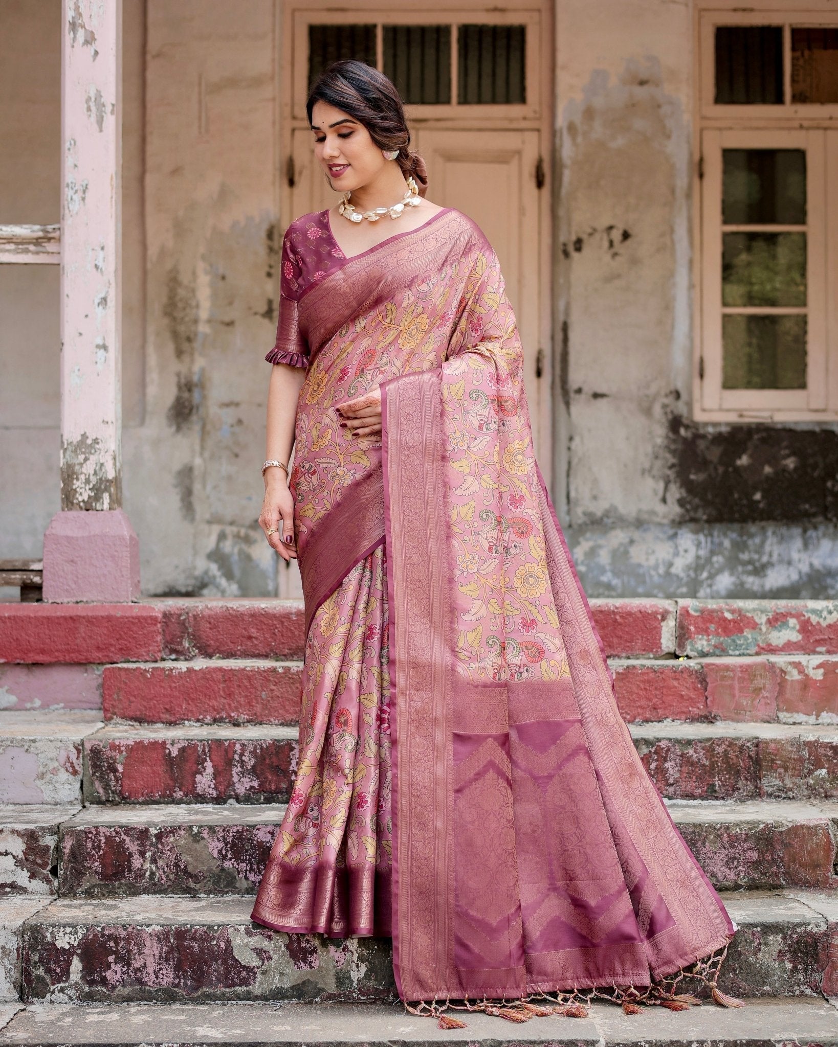 Elegant Pink Banarasi Silk Saree with Floral Zari Weaving and Tassel-Embellished Pallu